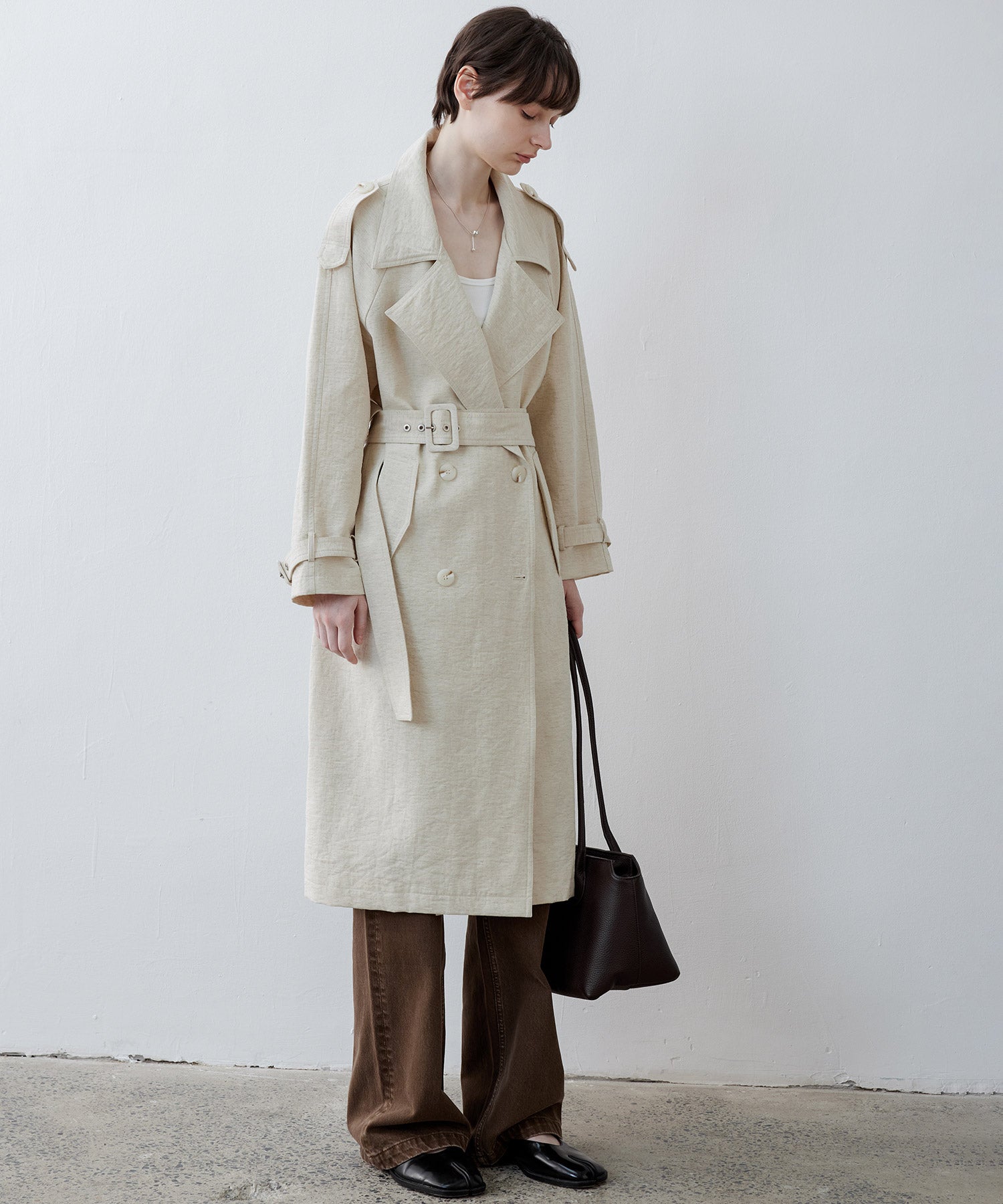 Linen Blend Double-Breasted Long Trench Coat with Epaulettes and Belt