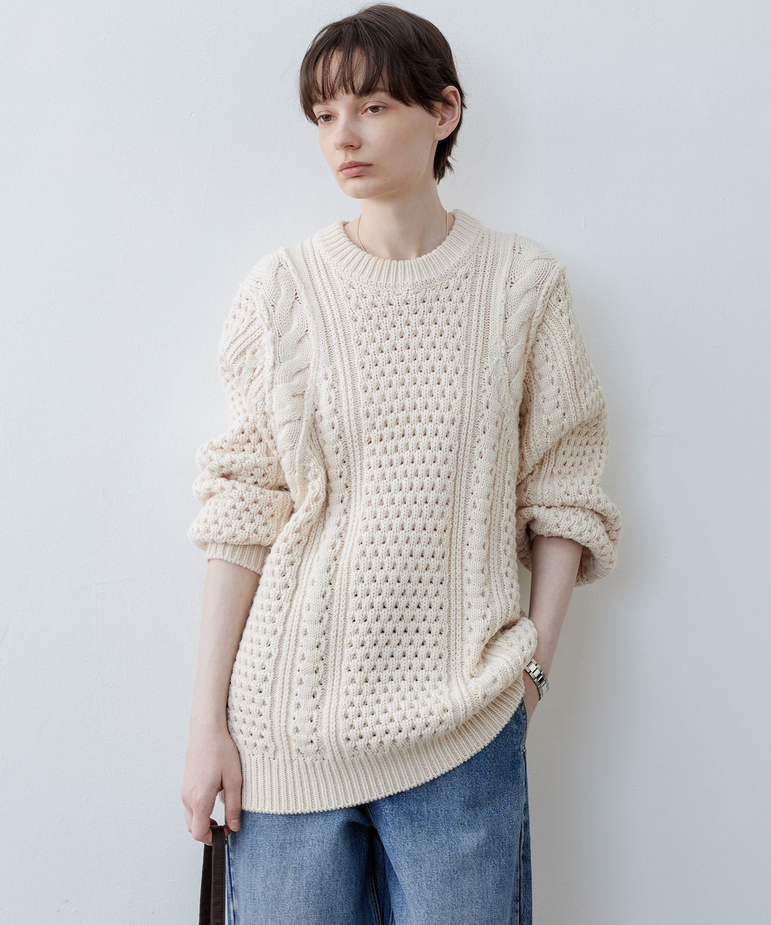 Textured Wool Blend Aran Sweater