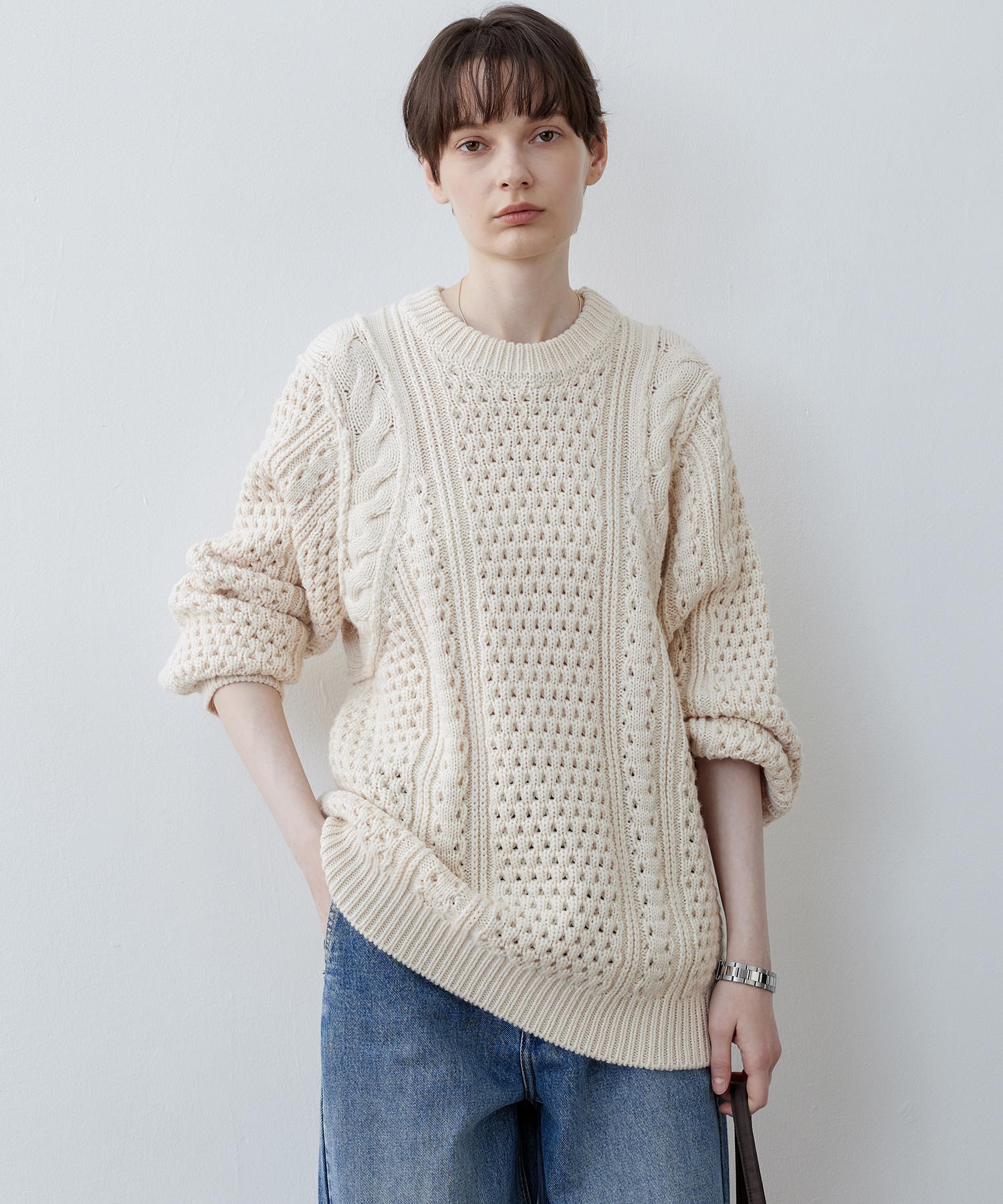 Textured Wool Blend Aran Sweater