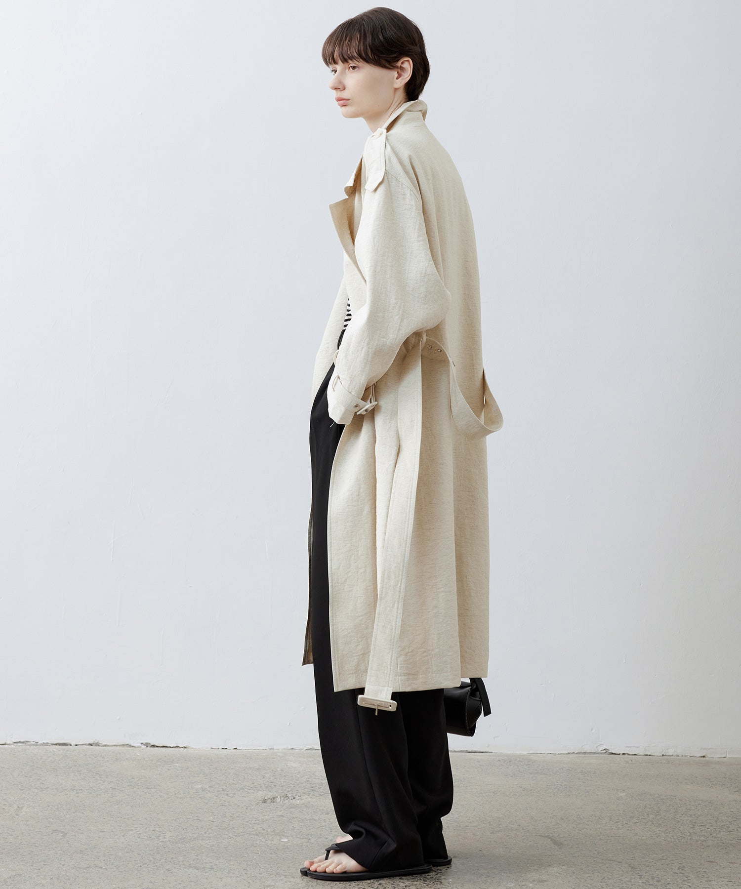 Linen Blend Double-Breasted Long Trench Coat with Epaulettes and Belt