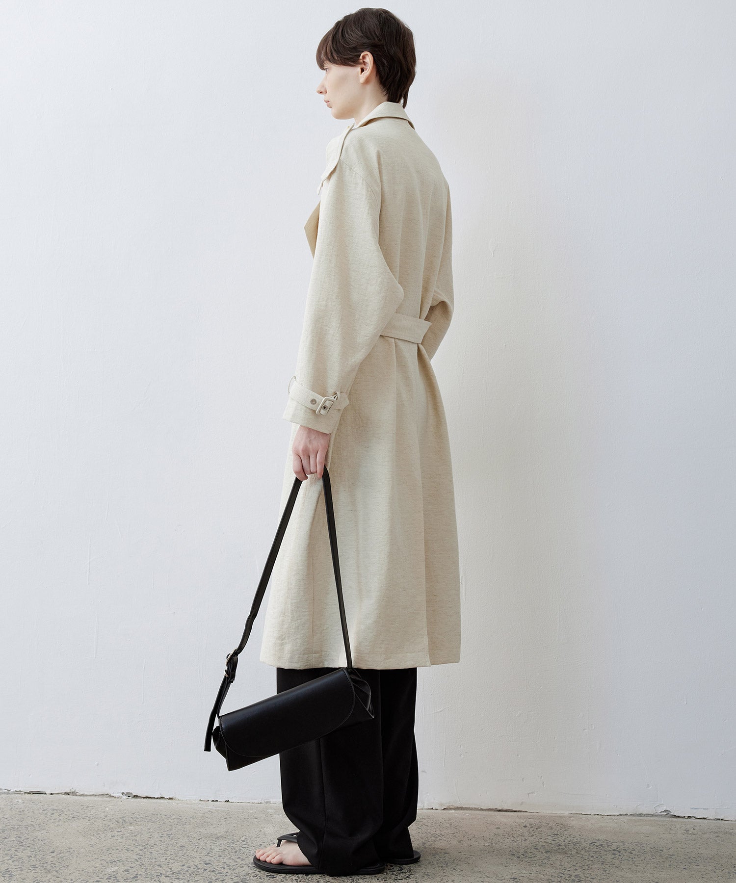 Linen Blend Double-Breasted Long Trench Coat with Epaulettes and Belt