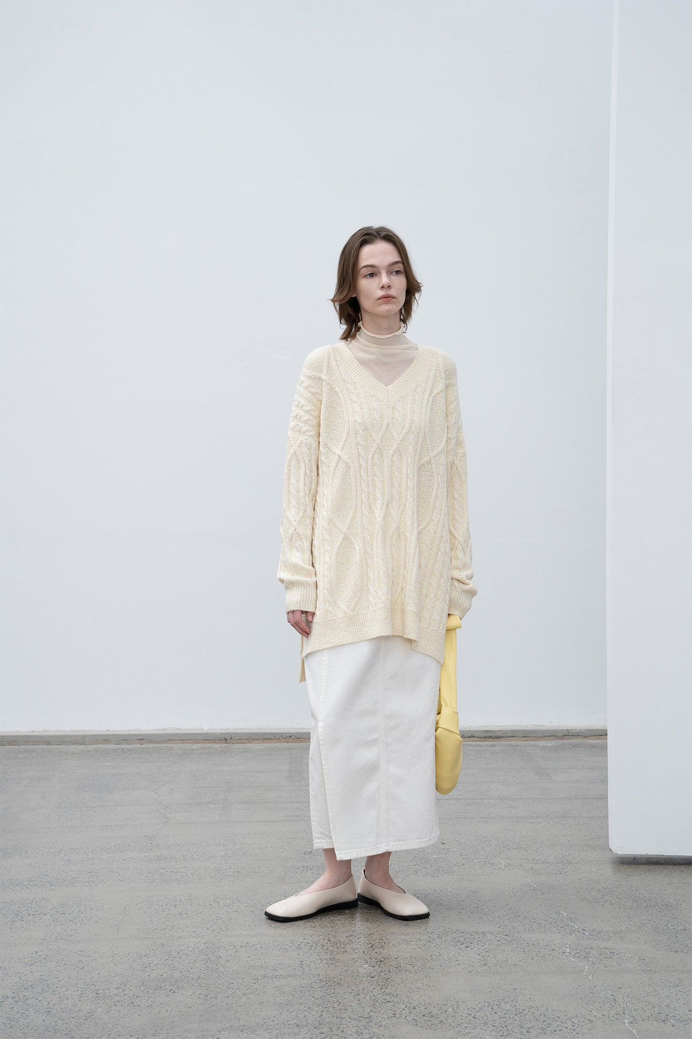 Cable-knit jacquard oversized V-neck knit top