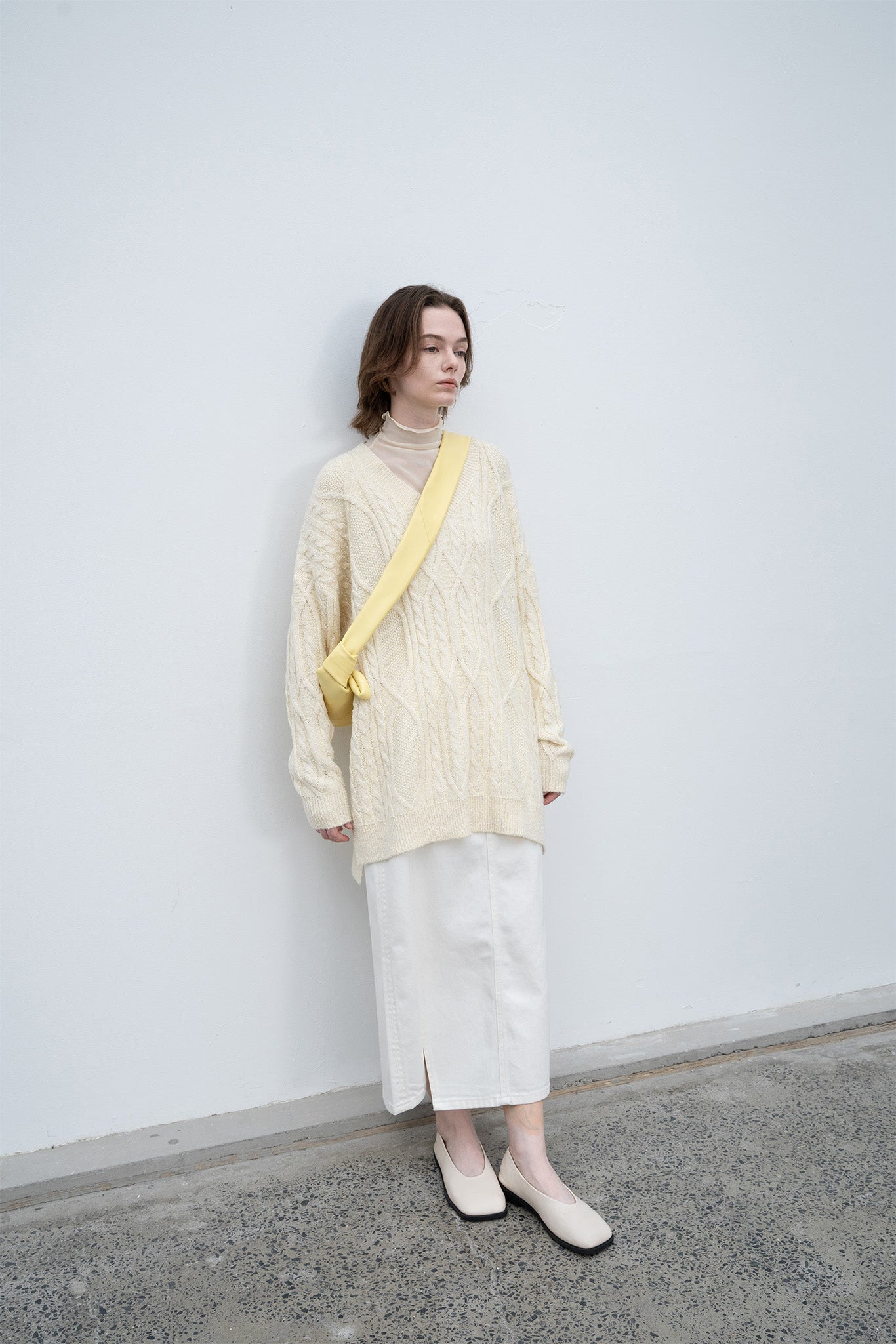 Cable-knit jacquard oversized V-neck knit top