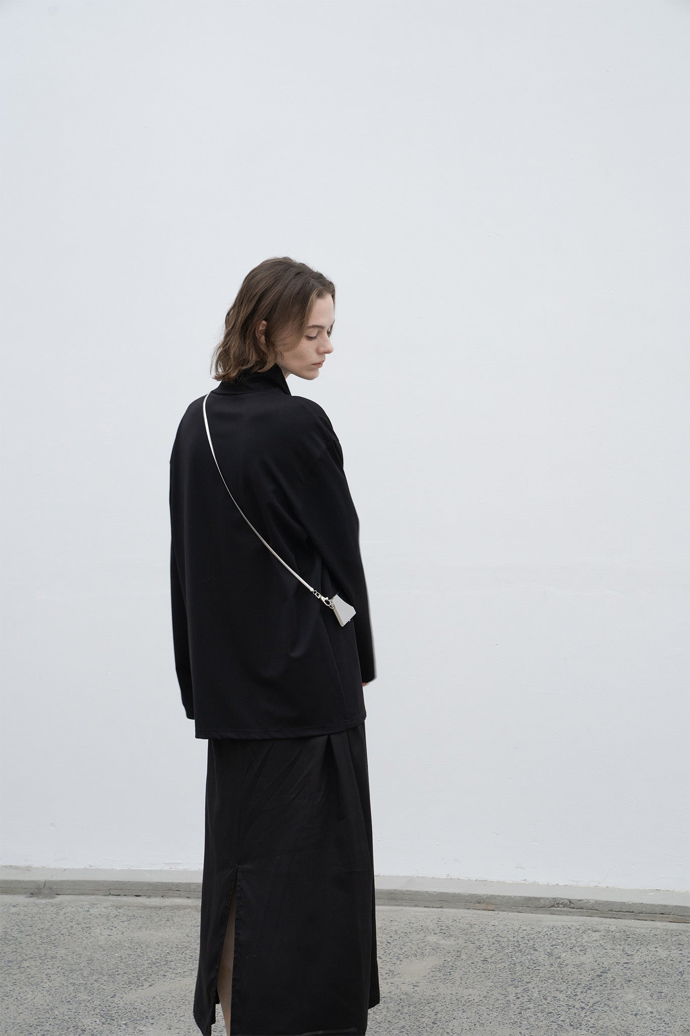 High neck long T-shirt cut-and-sew tops with logo