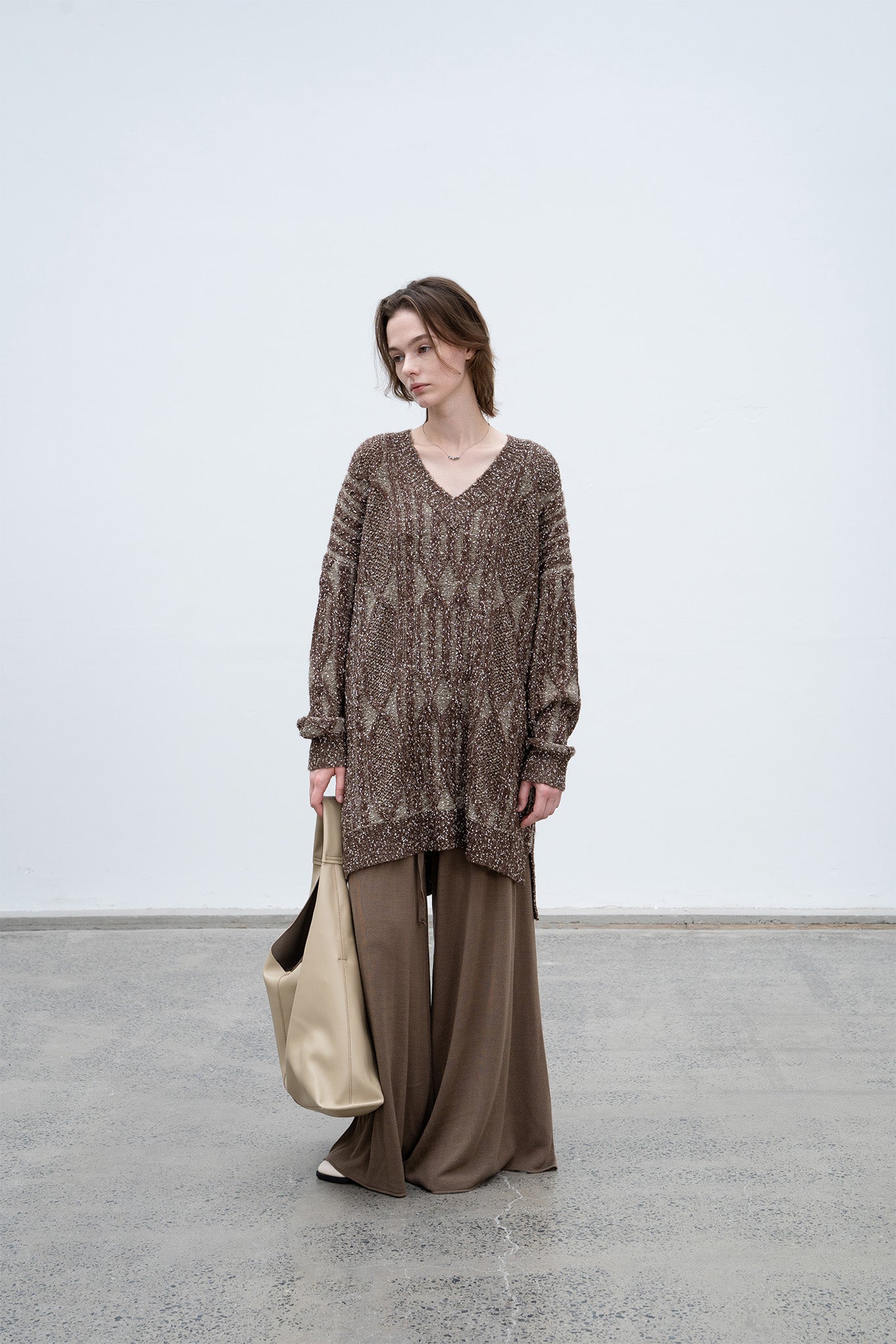 Cable-knit jacquard oversized V-neck knit top