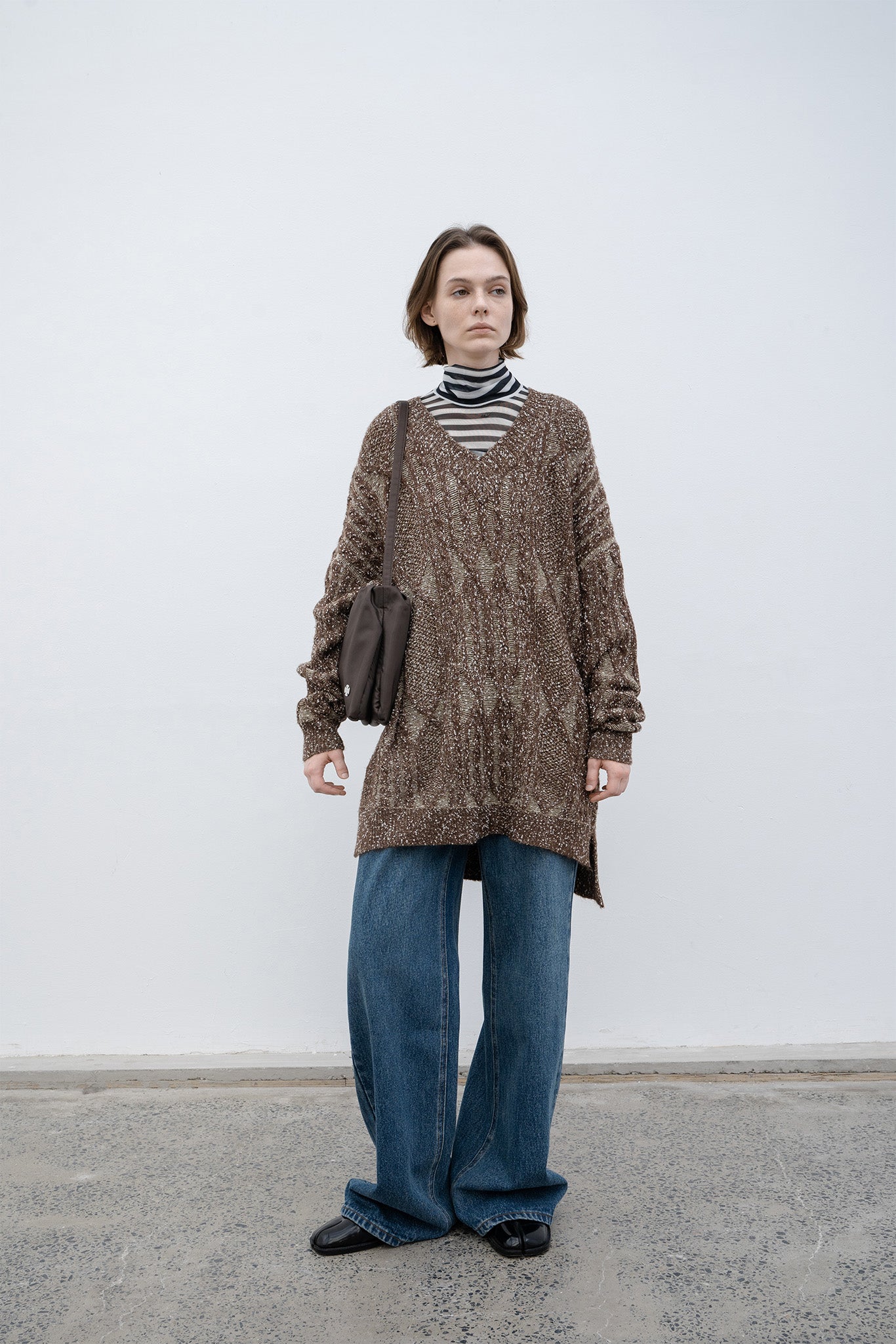Cable-knit jacquard oversized V-neck knit top