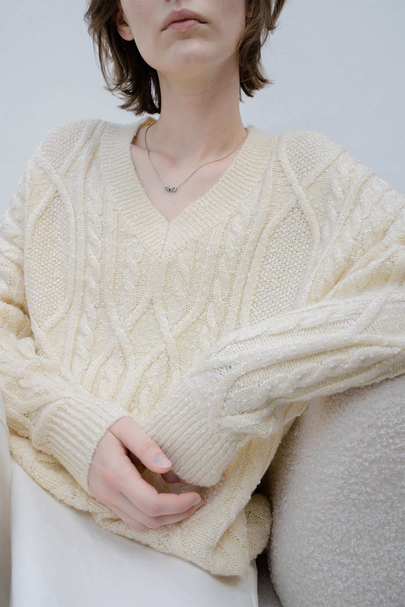 Cable-knit jacquard oversized V-neck knit top