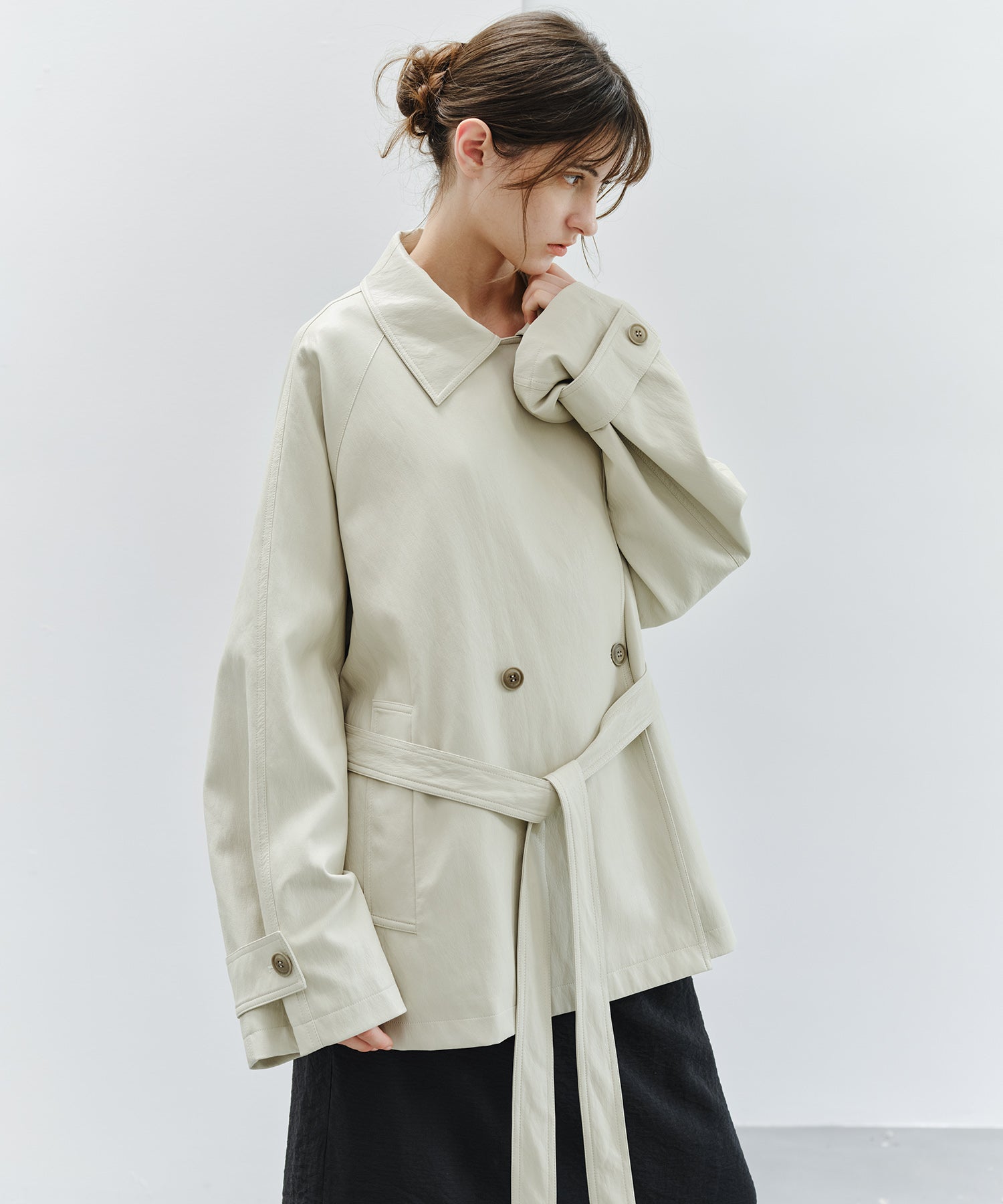 「9月下旬出荷予定」Belted Faux Leather Short Trench Jacket