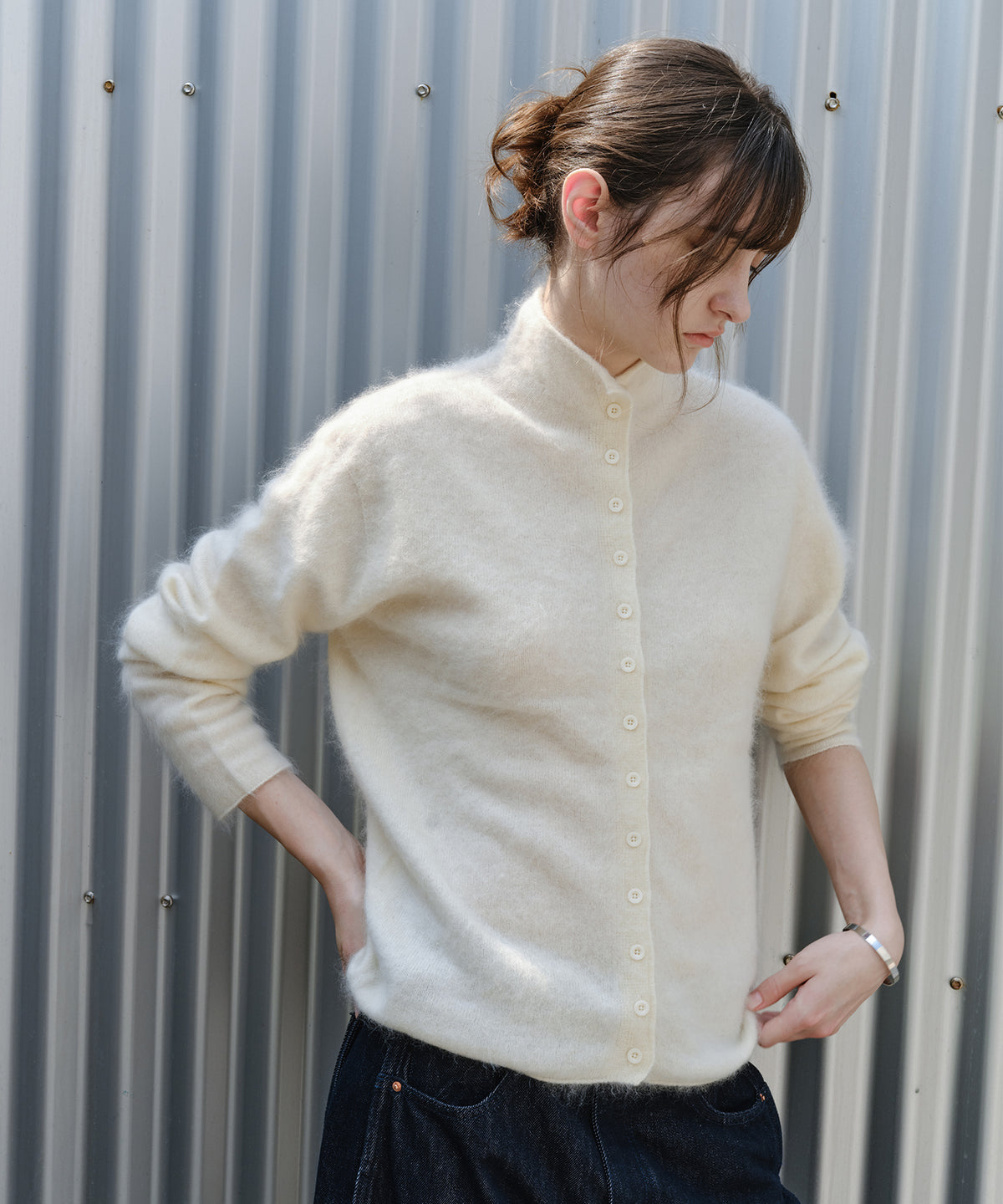 Brushed Cashmere-Blend High Neck Knit Cardigan