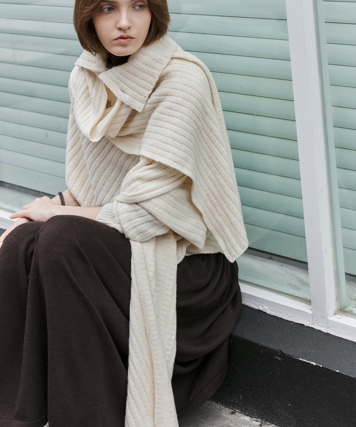 Asymmetric High-Neck Textured Knit Poncho Scarf