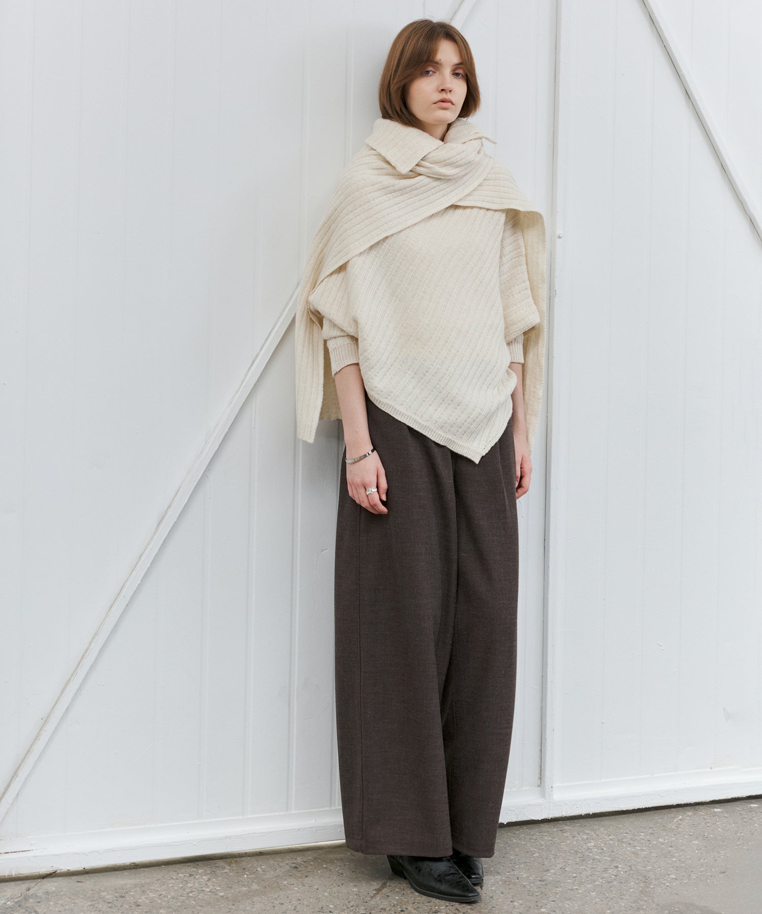 Asymmetric High-Neck Textured Knit Poncho Scarf