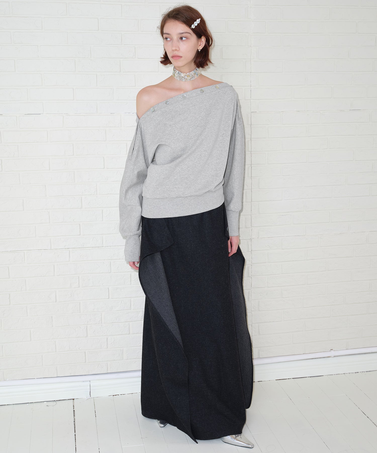 Adjustable Neck Shell Button Batwing Sleeve Lightweight Sweatshirt