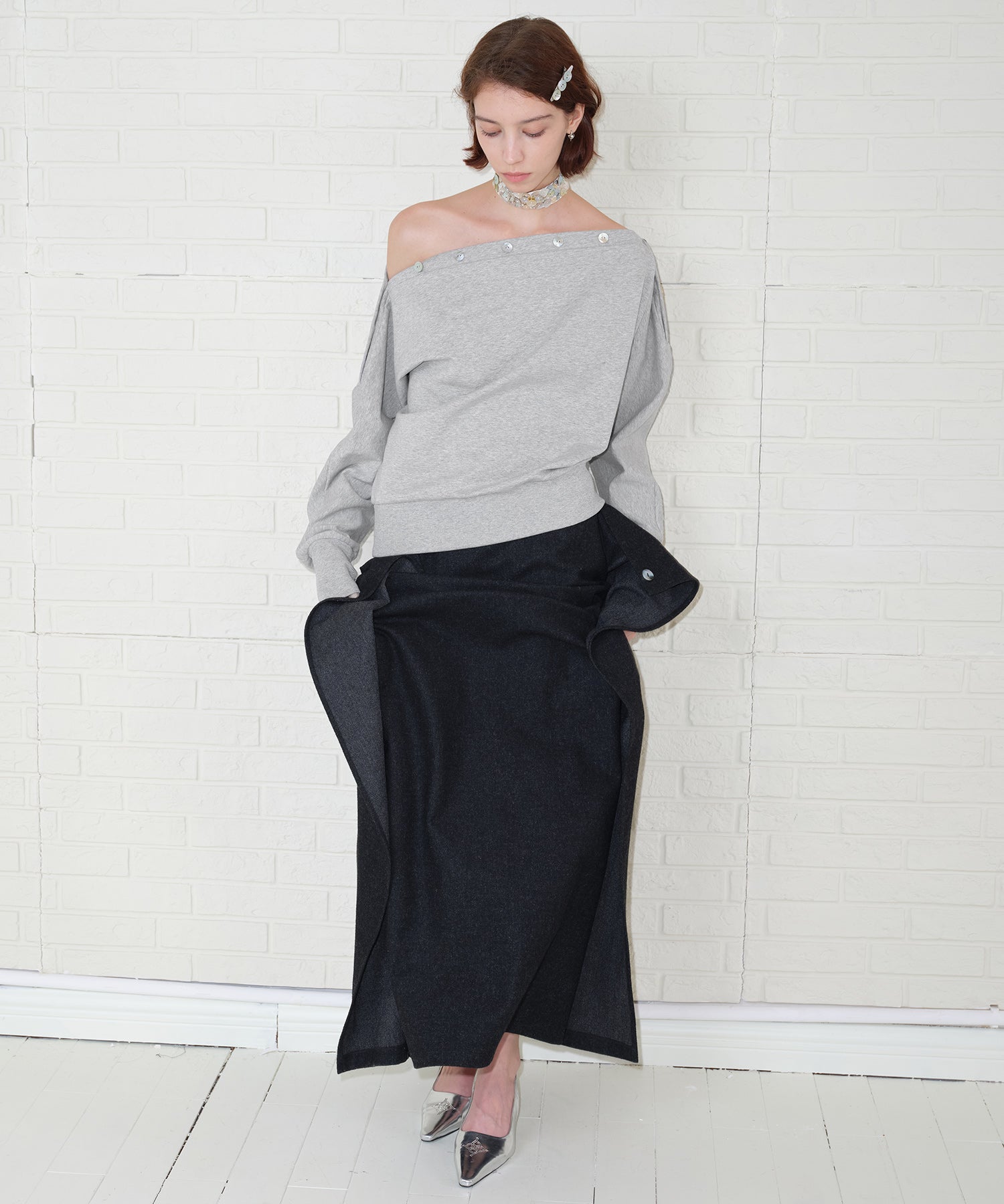 Adjustable Neck Shell Button Batwing Sleeve Lightweight Sweatshirt