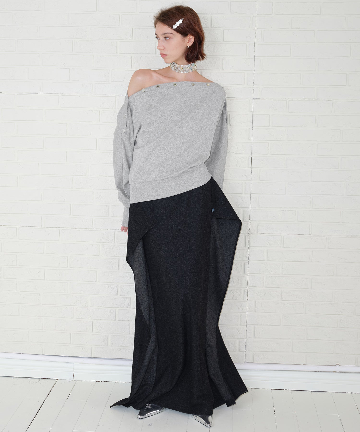 Adjustable Neck Shell Button Batwing Sleeve Lightweight Sweatshirt