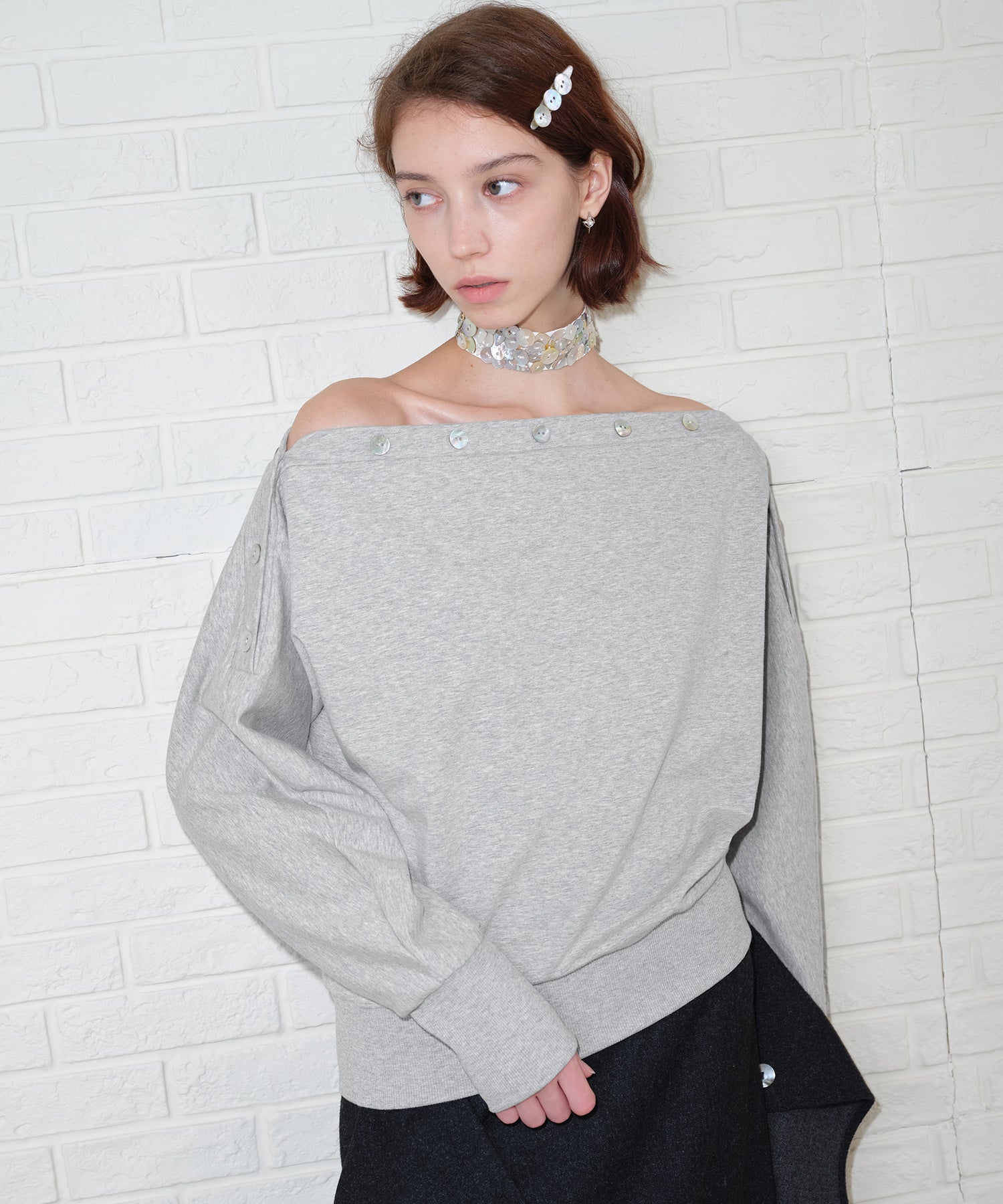 Adjustable Neck Shell Button Batwing Sleeve Lightweight Sweatshirt