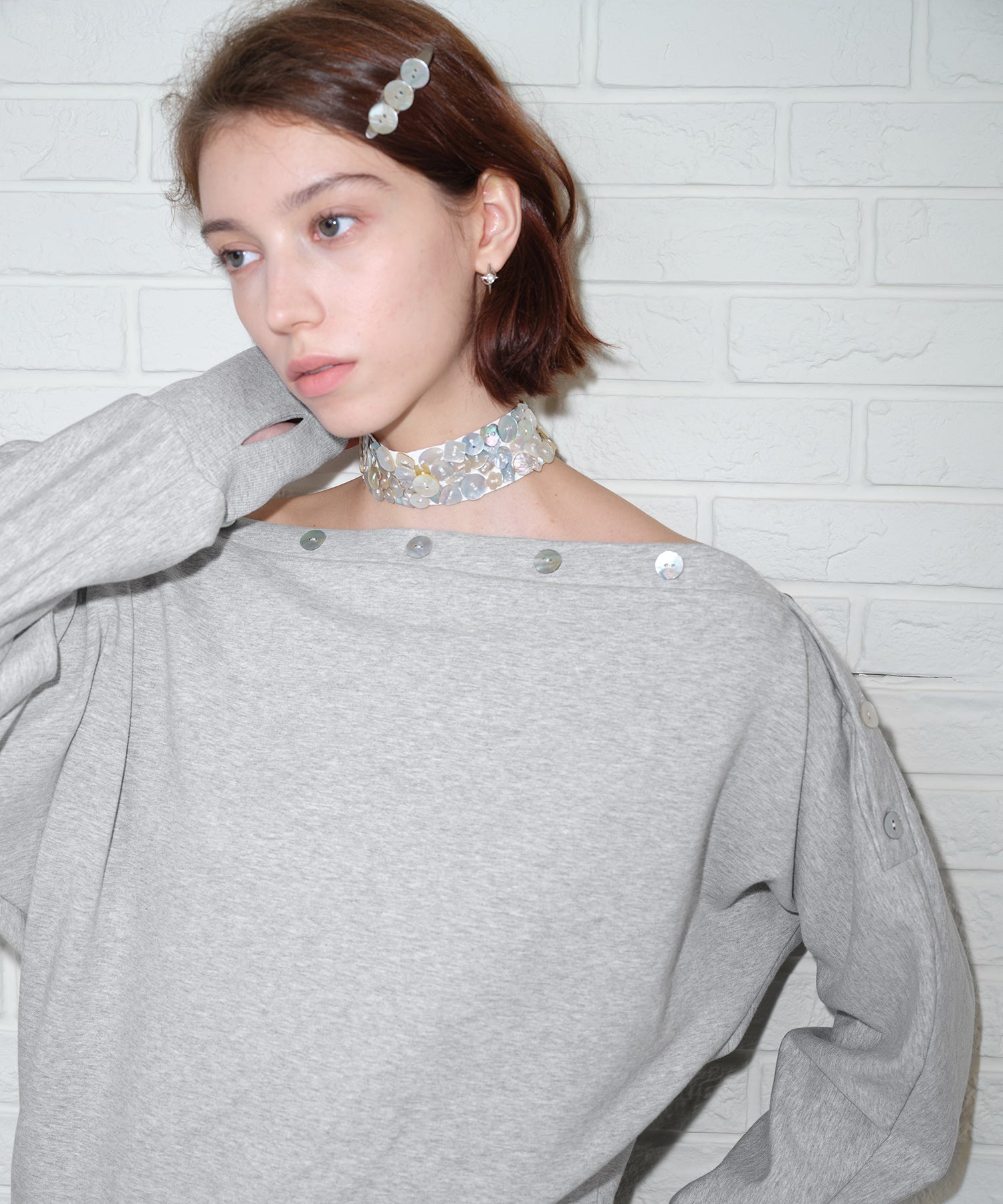 Adjustable Neck Shell Button Batwing Sleeve Lightweight Sweatshirt