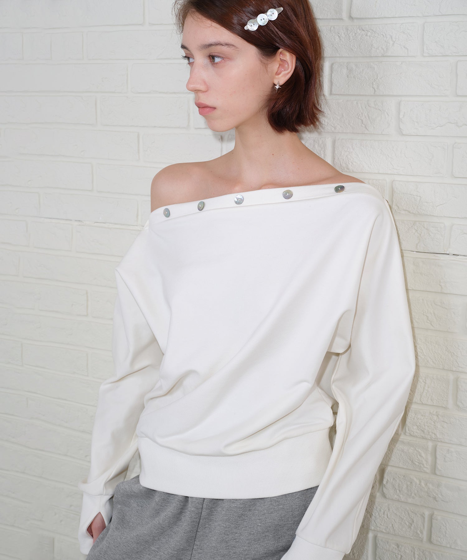 Adjustable Neck Shell Button Batwing Sleeve Lightweight Sweatshirt