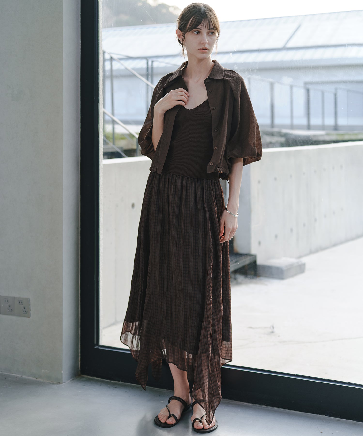 「7月上旬～中旬出荷」Sheer Stripe Balloon Sleeve Cropped Shirt