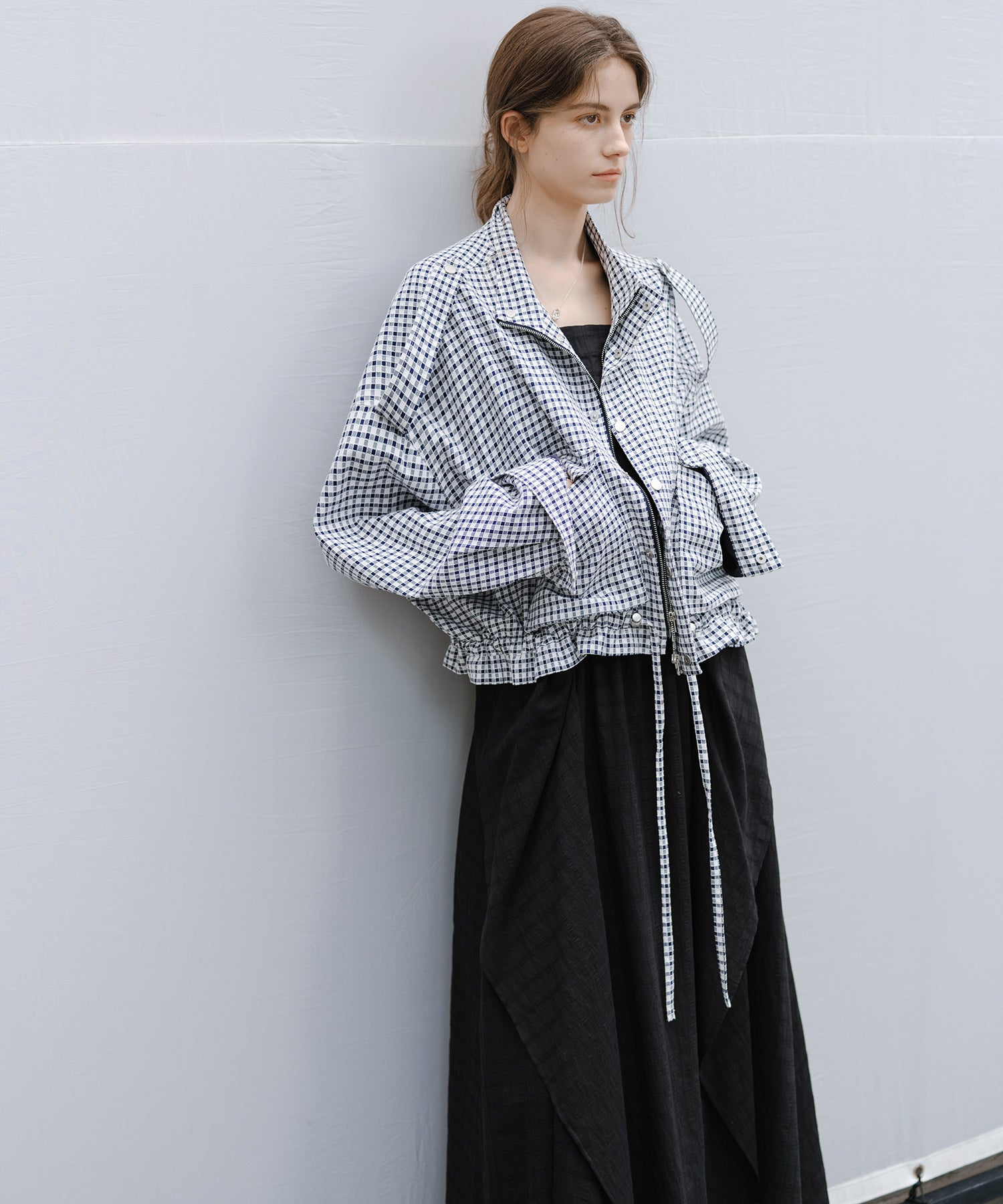 "Shipping late February to early March" Stand Collar Check Drawstring Jacket