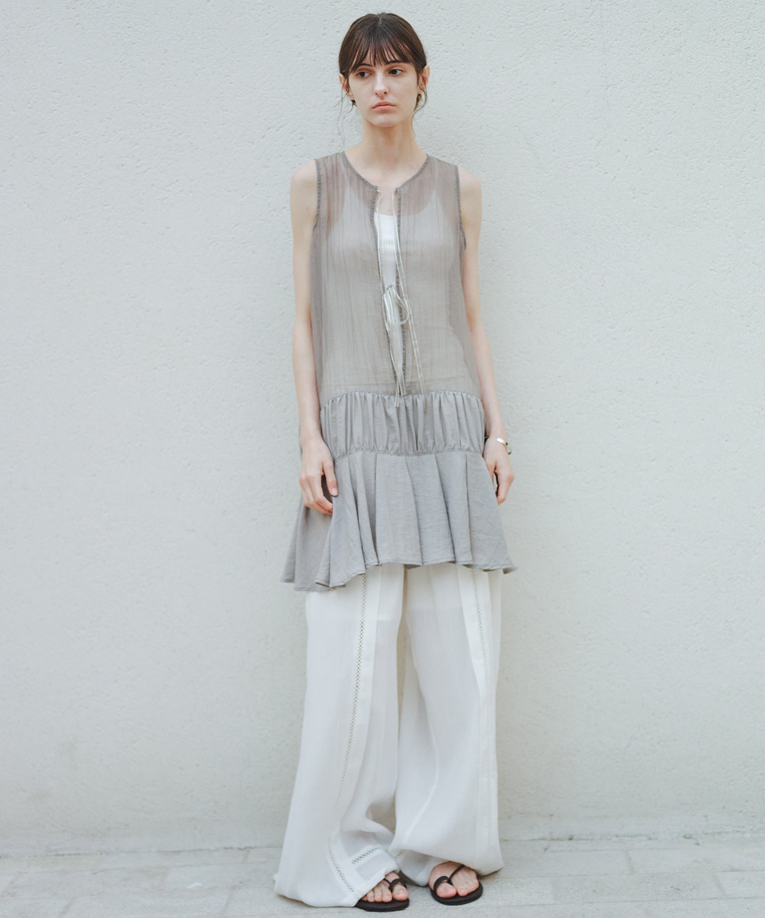 「8月中旬～下旬出荷」Front Lace Linen Blend Wide Pants