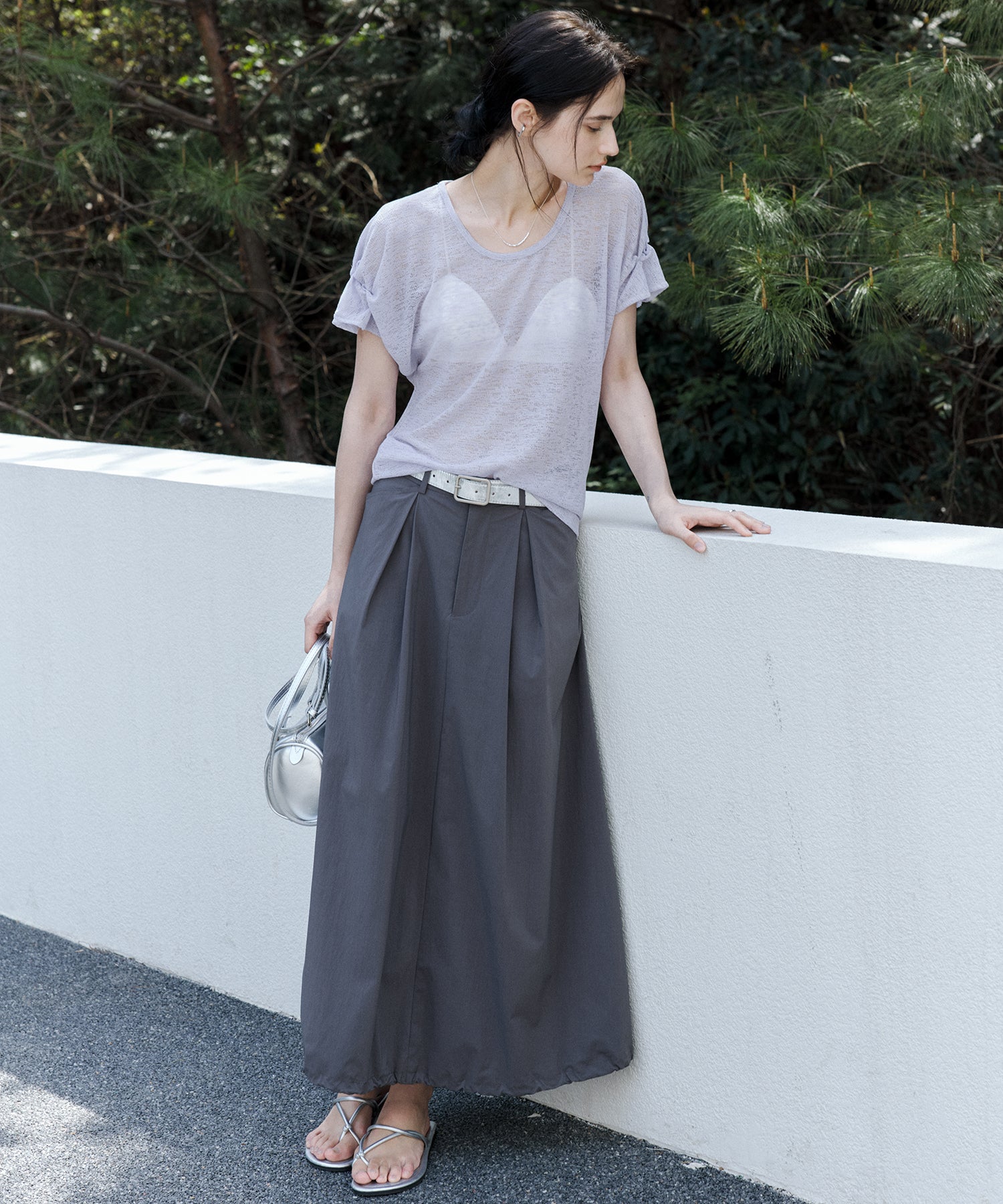 Sheer Gathered Sleeve T-Shirt