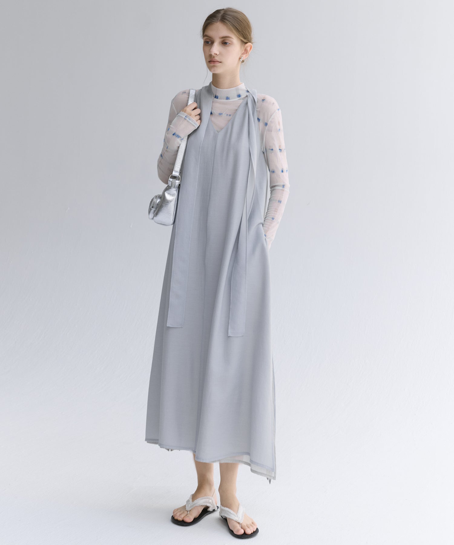 Acetate-Blend V-Neck Ribbon Detail Sleeveless Dress