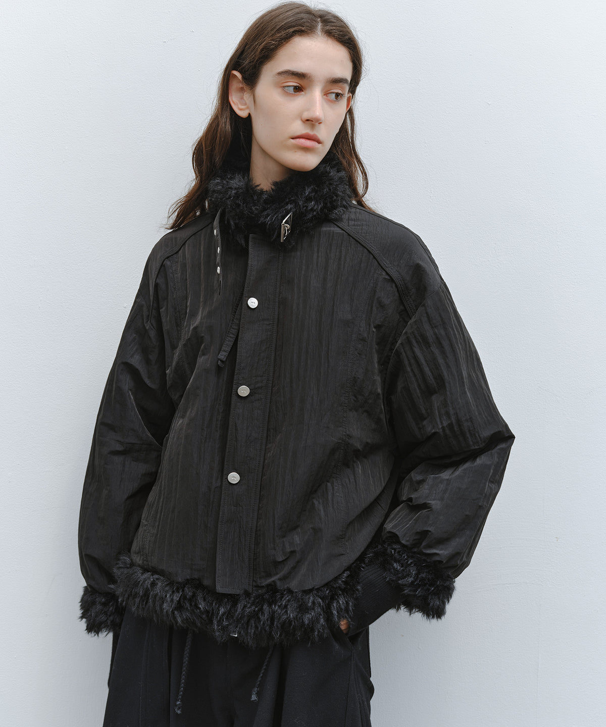 「10月下旬出荷予定」Faux Fur Trim Stand Collar Short Down Jacket