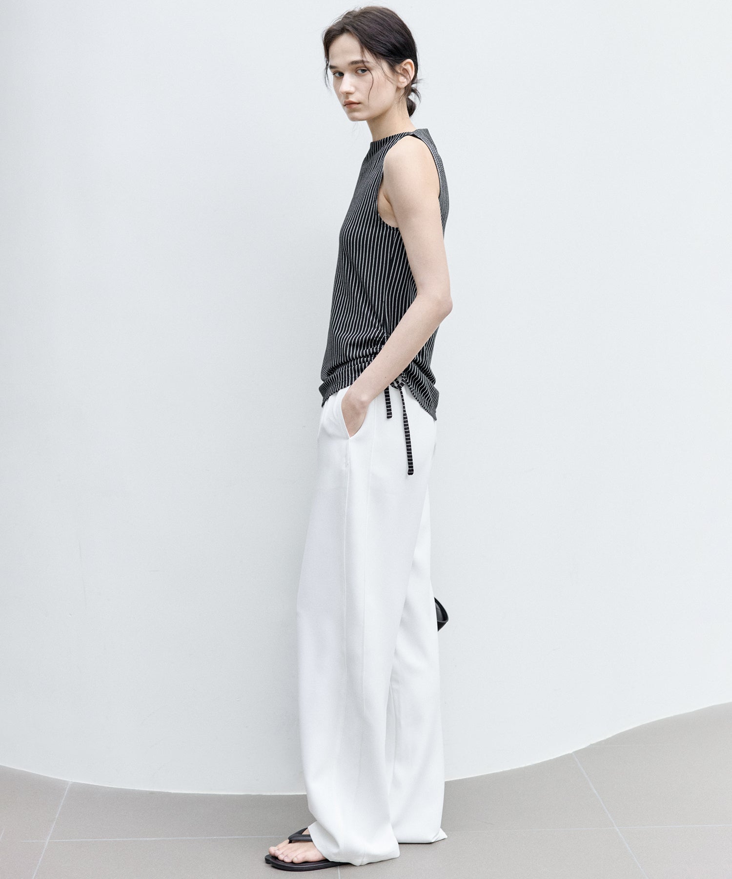 Striped Sleeveless Top with Adjustable Hem &amp; Boat Neck