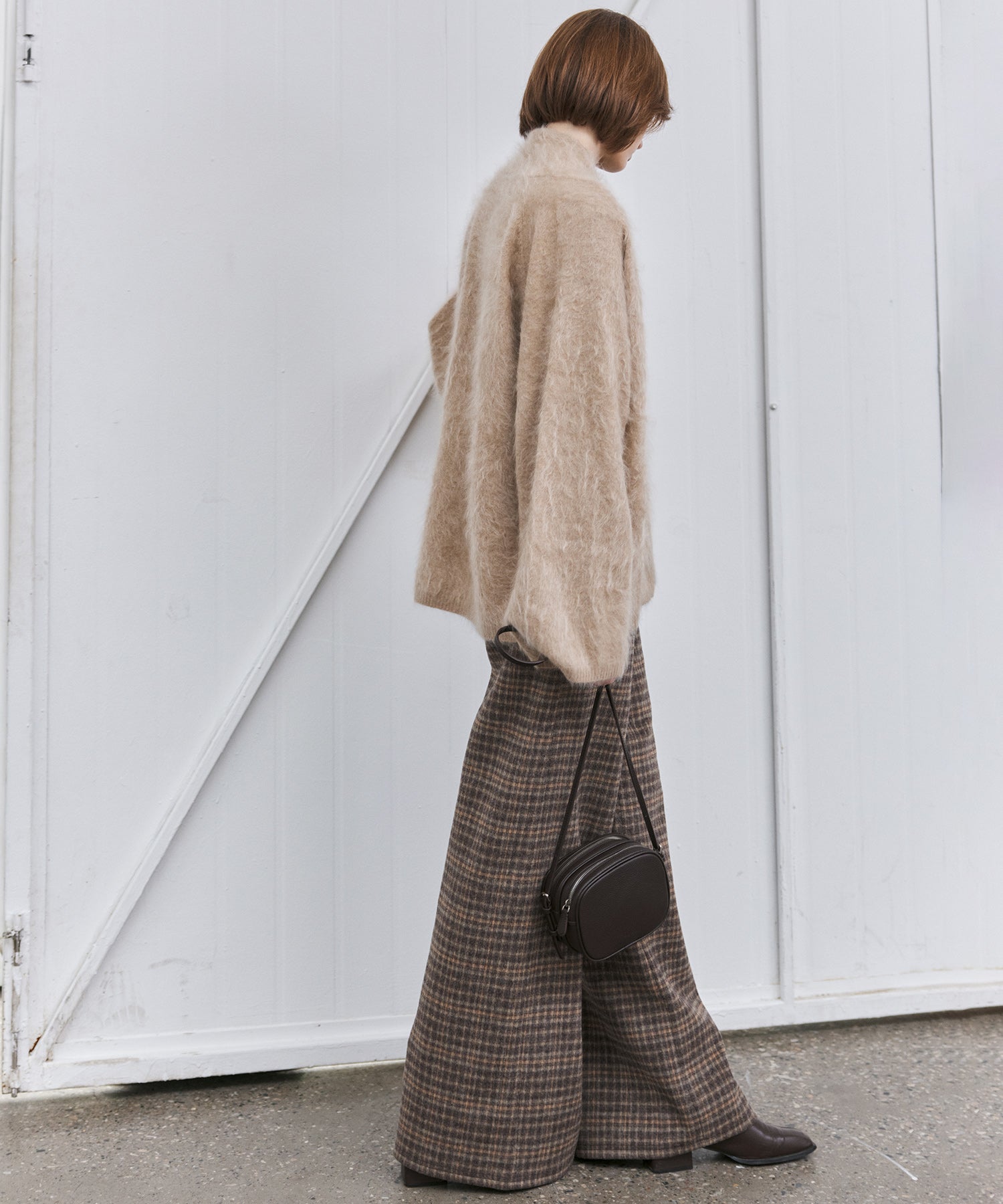 Wool Blend Yarn-Dyed Vintage Check Brushed Wide-Leg Pants