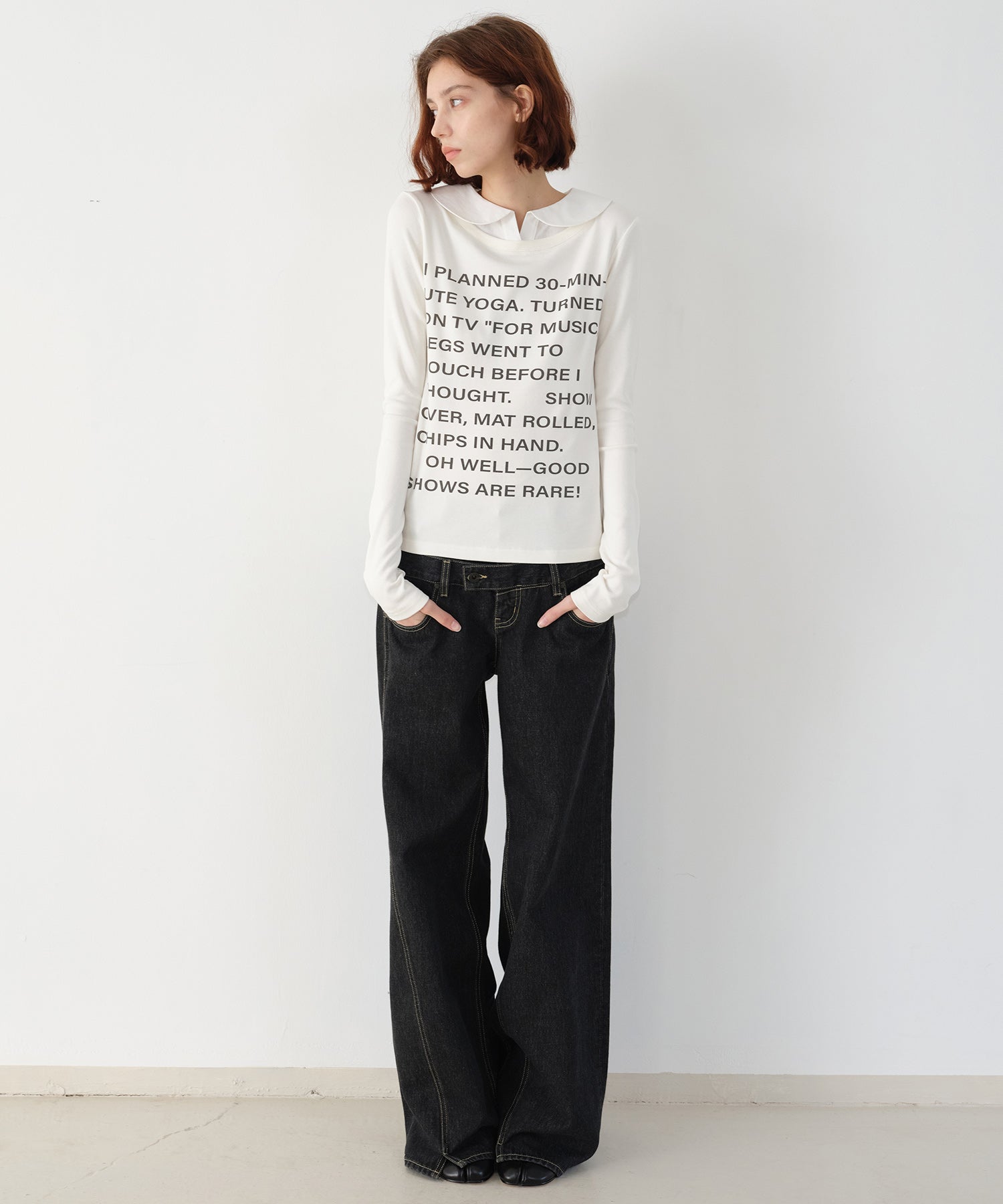 Layered-Look Shirt Collar Slogan Print Slim-Fit Base T-Shirt