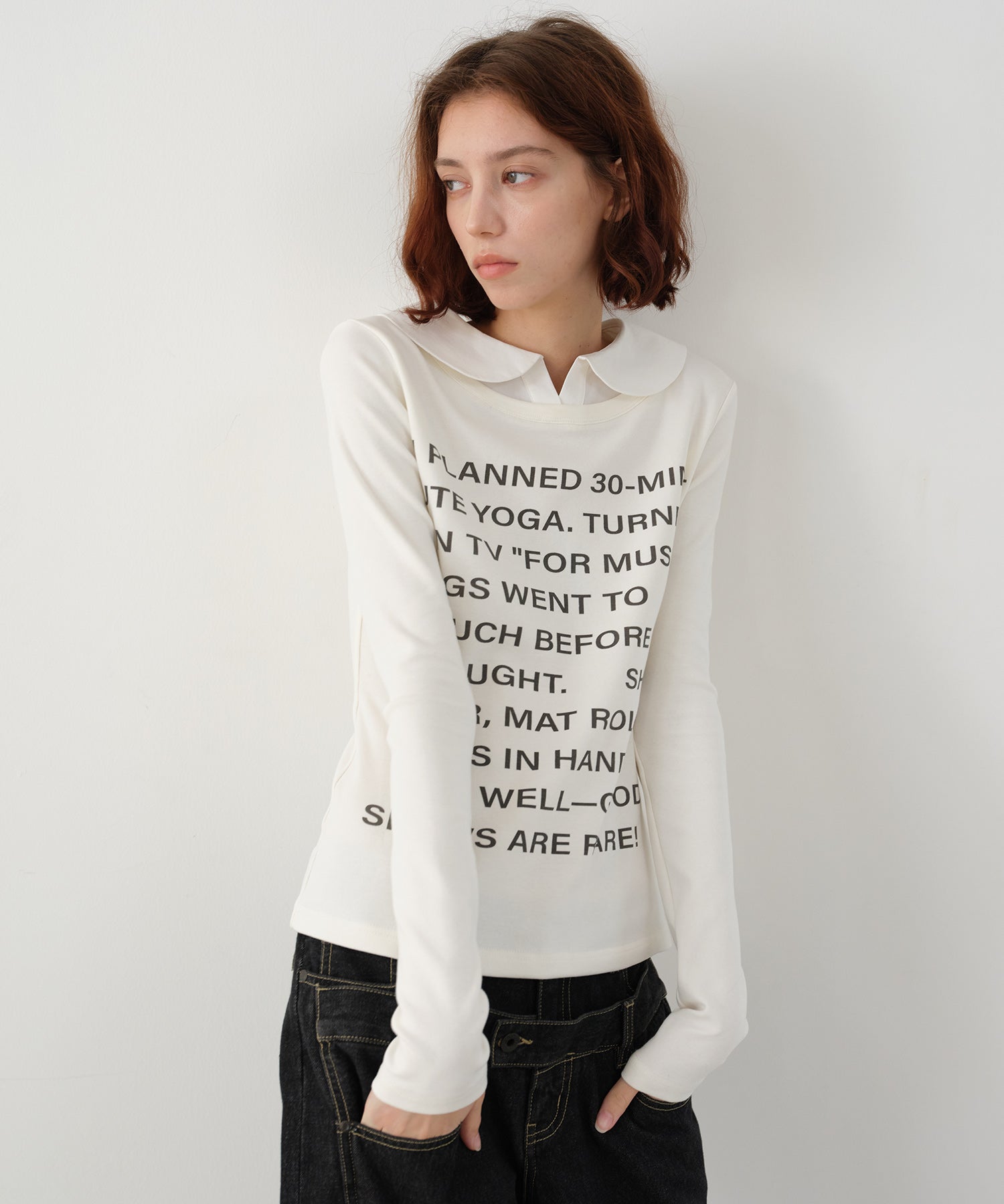 Layered-Look Shirt Collar Slogan Print Slim-Fit Base T-Shirt