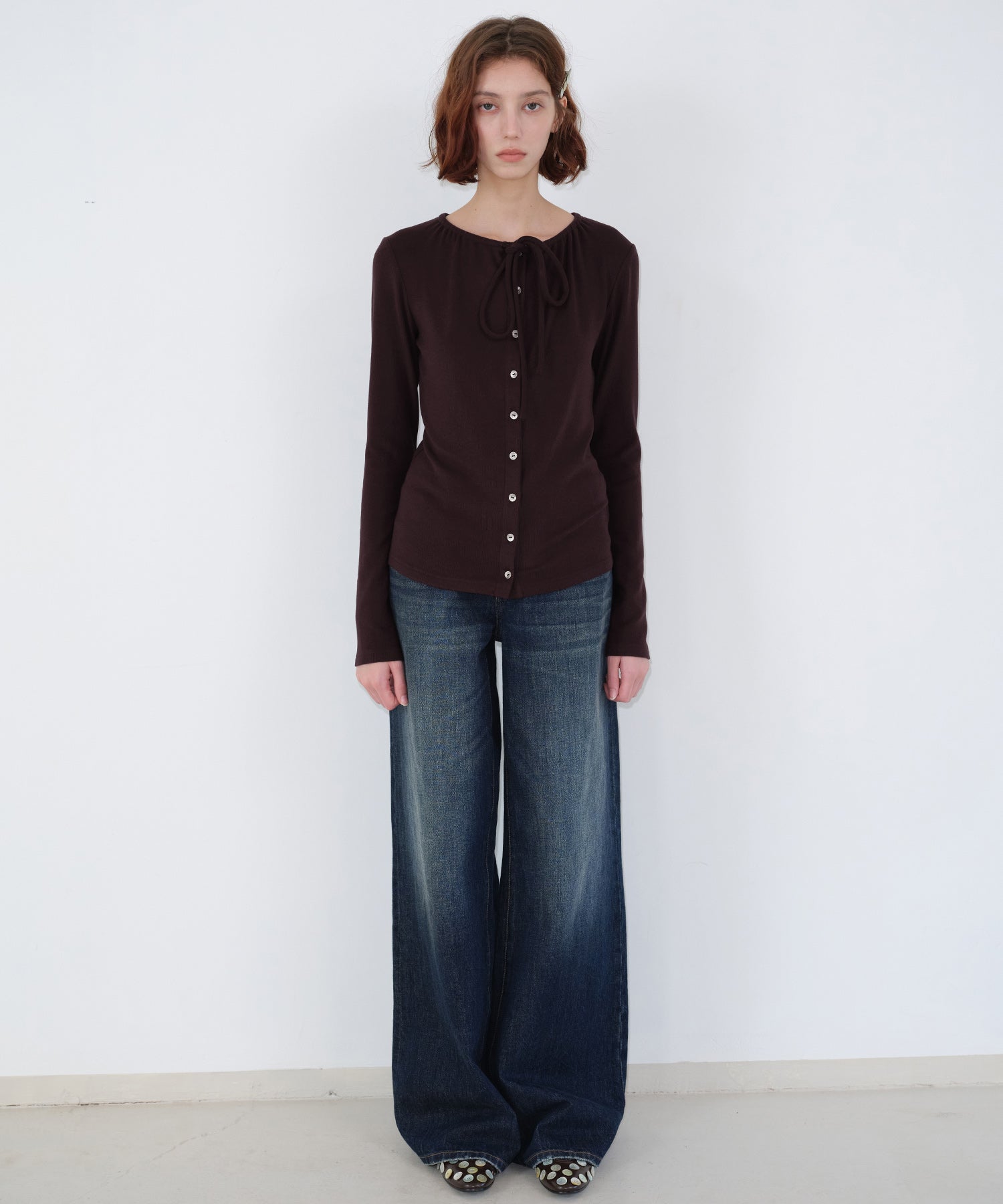 Ribbon Lace-Up Neck Ribbed Cardigan-Style Top