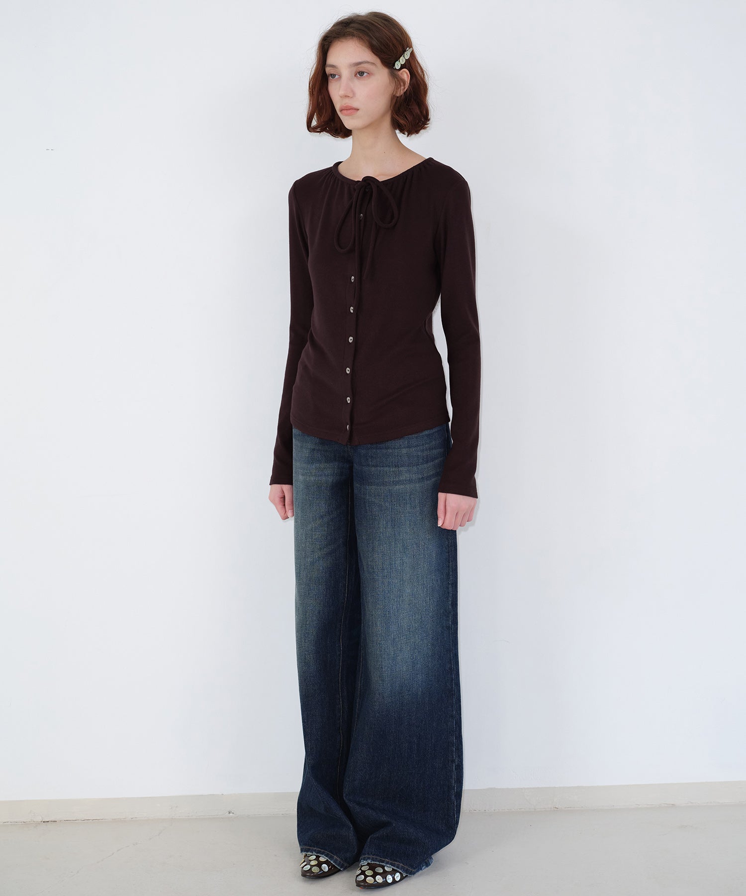 Ribbon Lace-Up Neck Ribbed Cardigan-Style Top