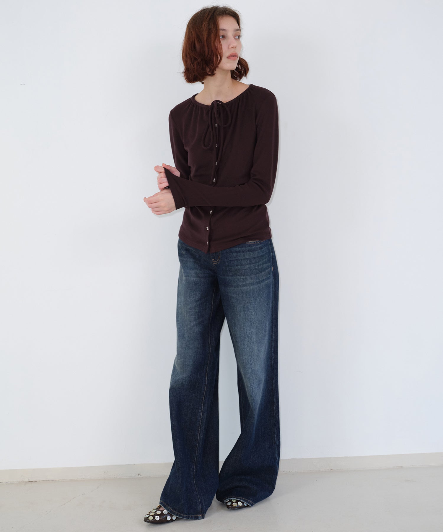 Ribbon Lace-Up Neck Ribbed Cardigan-Style Top