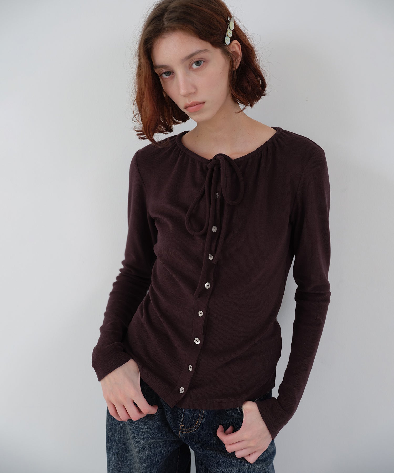 Ribbon Lace-Up Neck Ribbed Cardigan-Style Top