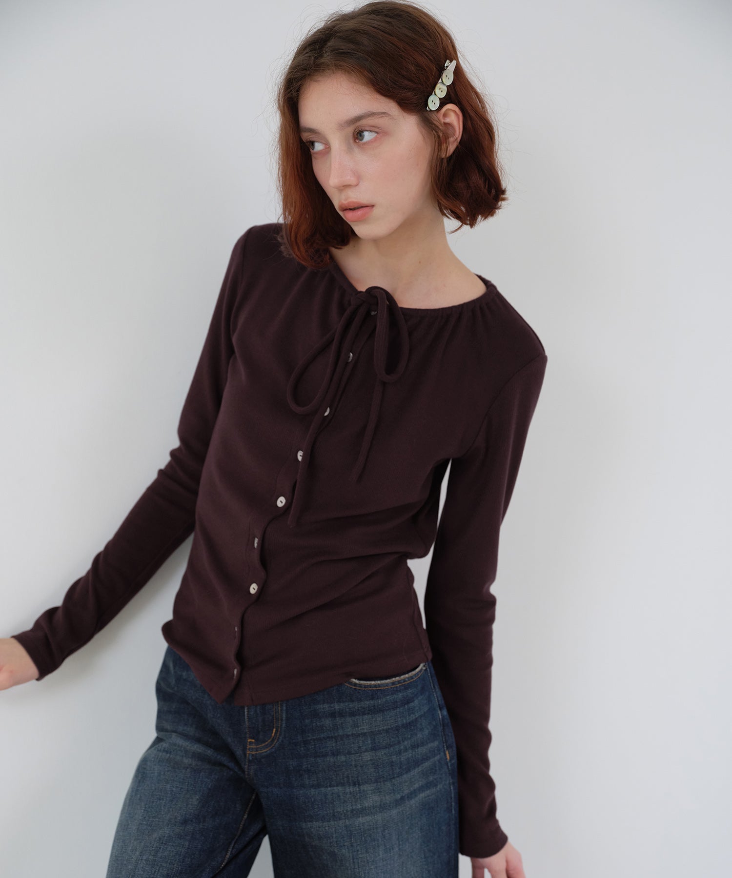 Ribbon Lace-Up Neck Ribbed Cardigan-Style Top