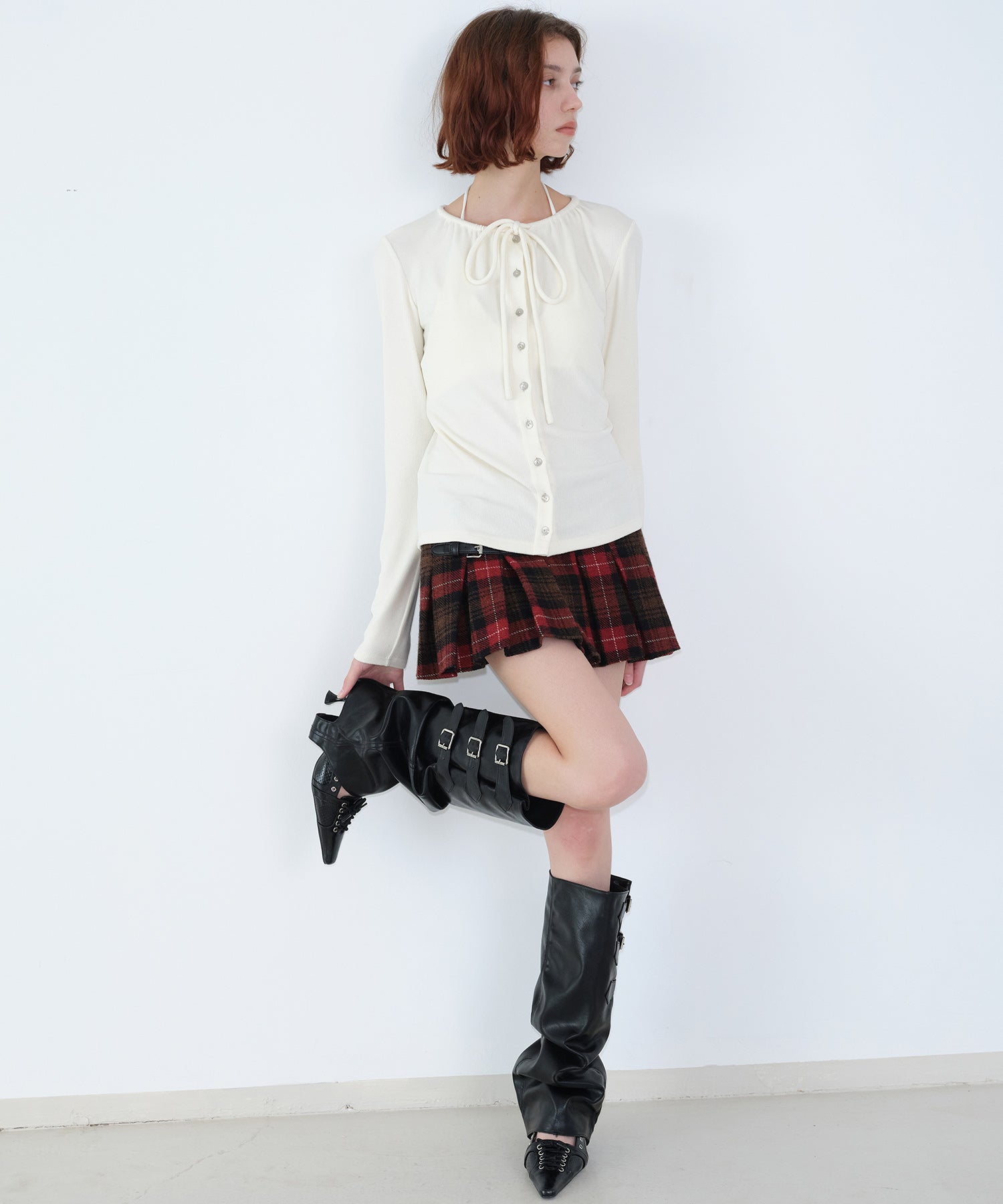 Ribbon Lace-Up Neck Ribbed Cardigan-Style Top