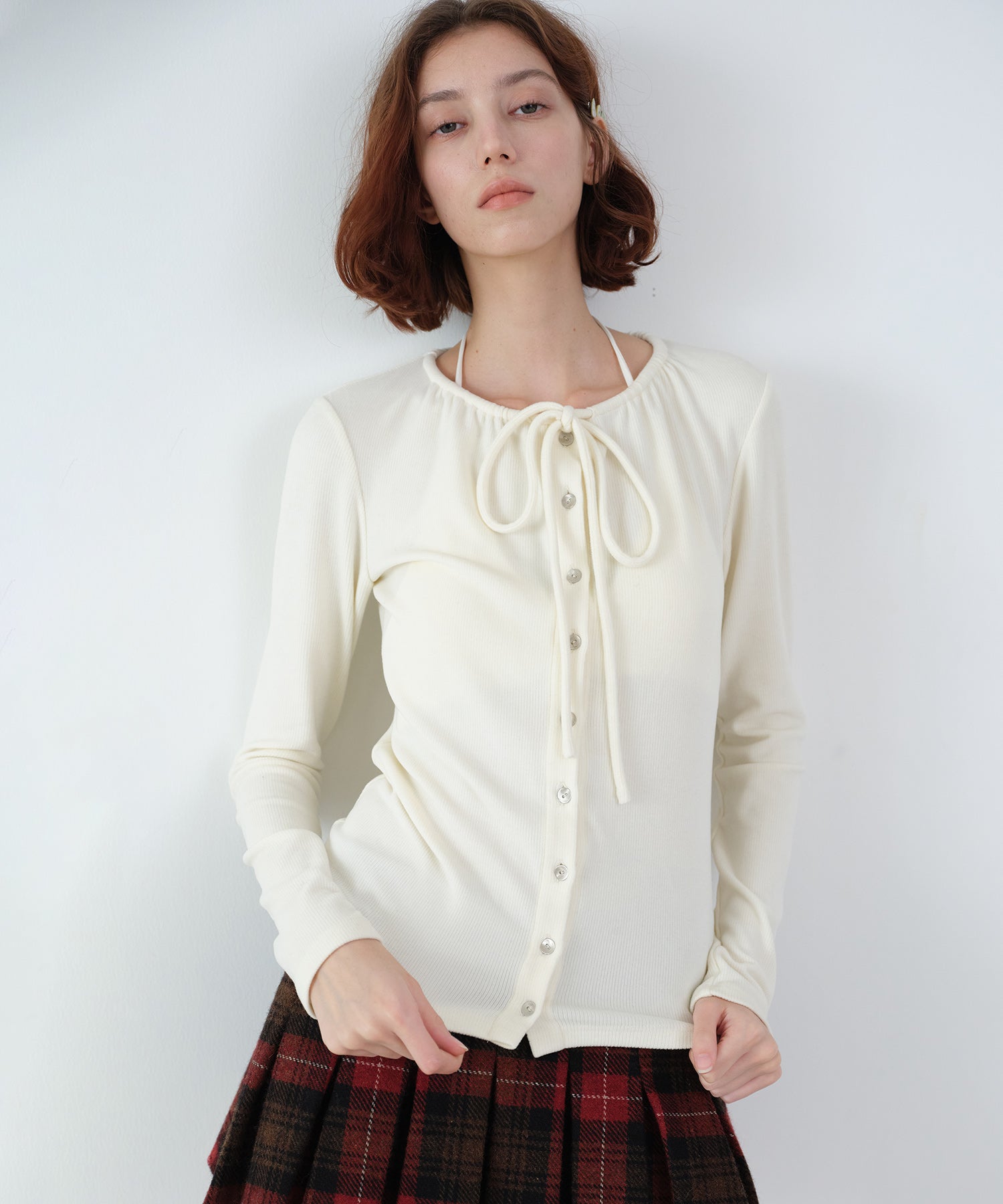 Ribbon Lace-Up Neck Ribbed Cardigan-Style Top