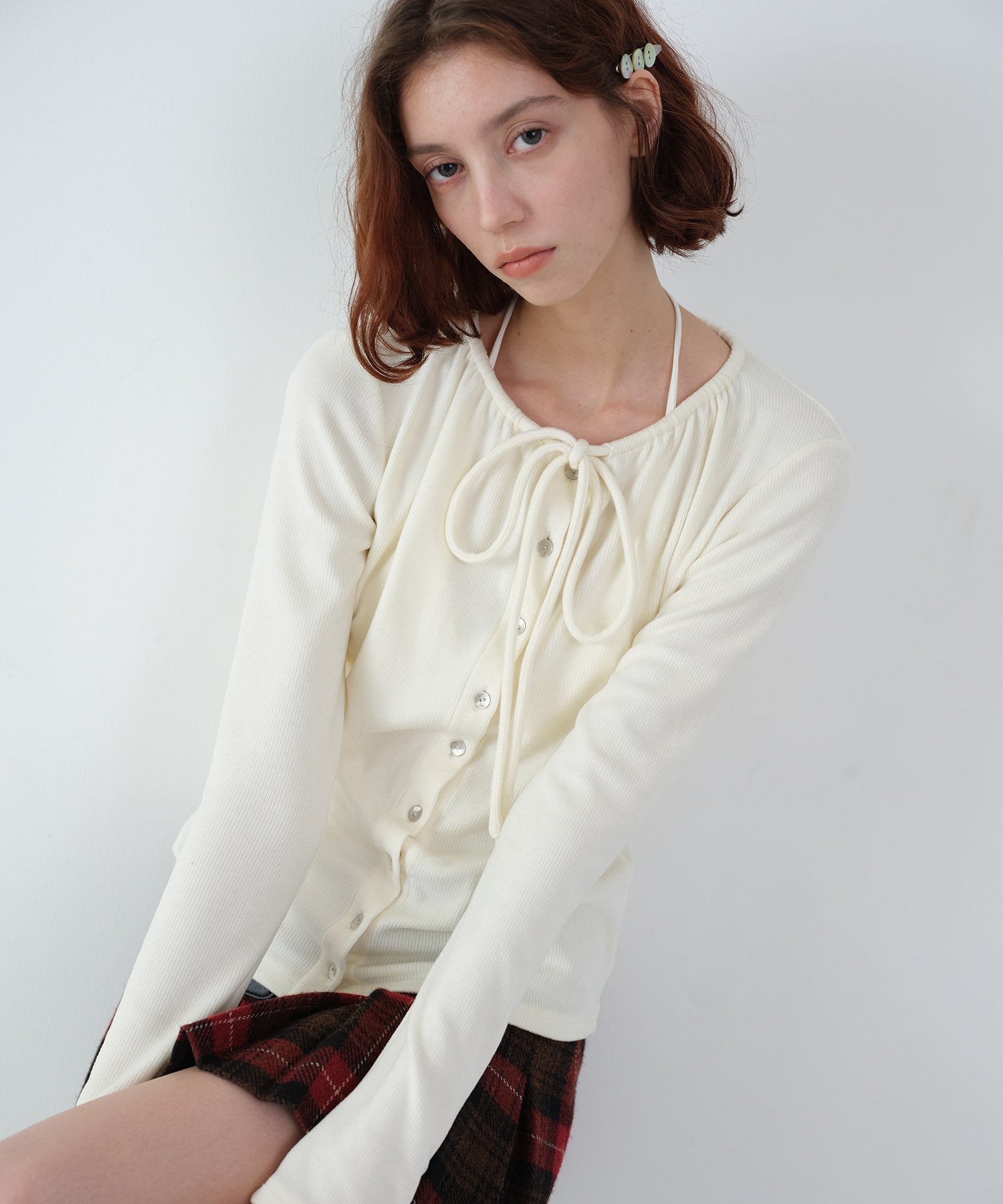 Ribbon Lace-Up Neck Ribbed Cardigan-Style Top