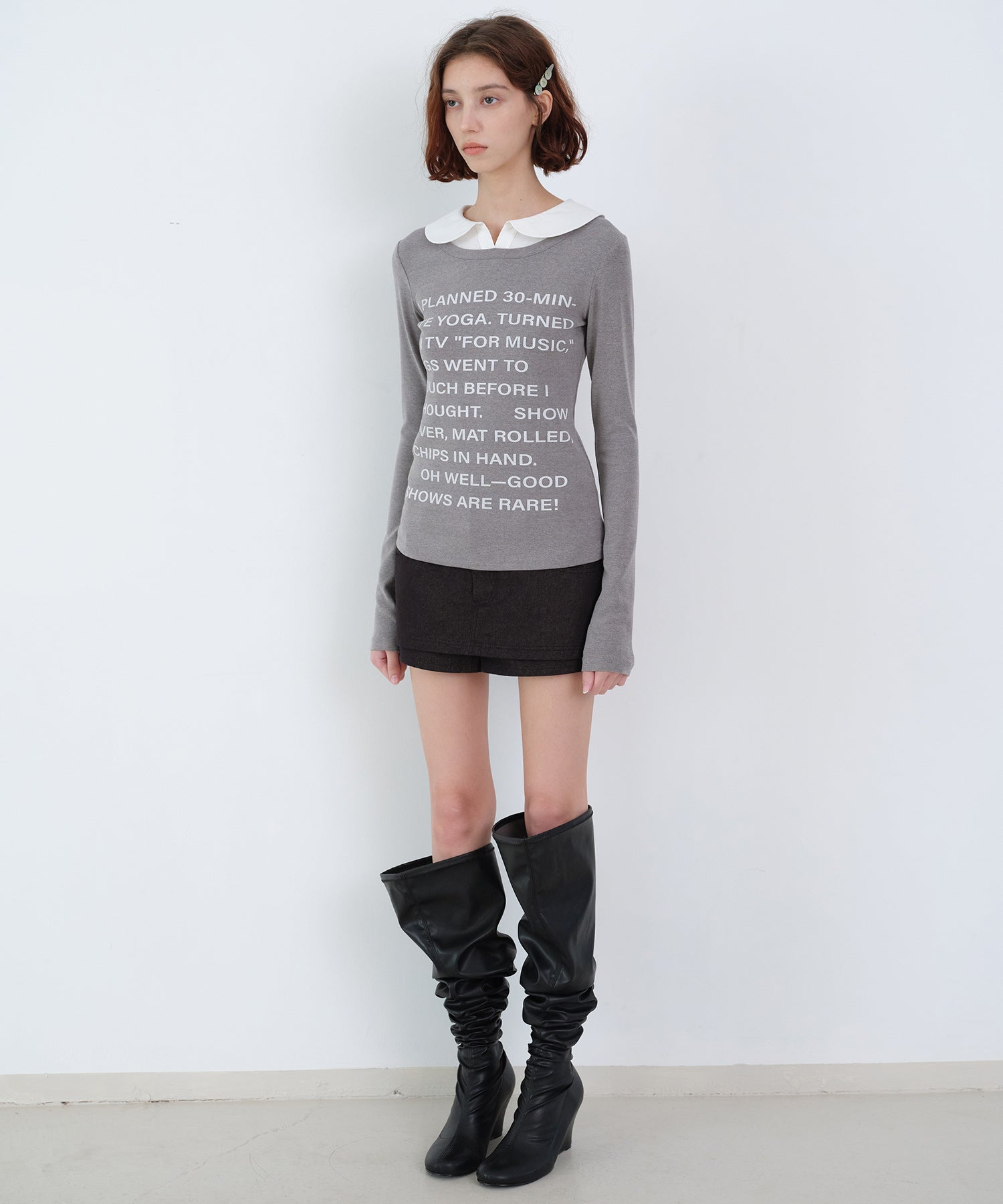 Layered-Look Shirt Collar Slogan Print Slim-Fit Base T-Shirt