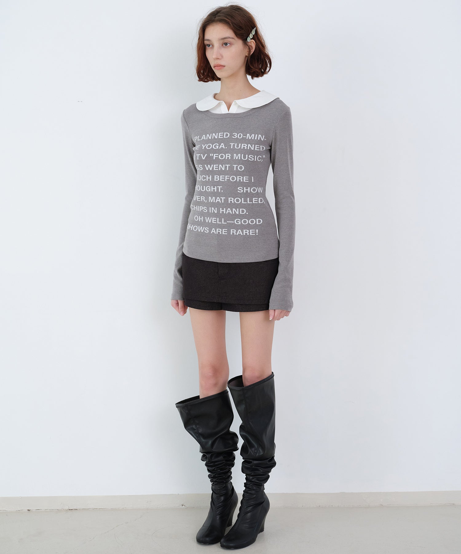 Layered-Look Shirt Collar Slogan Print Slim-Fit Base T-Shirt