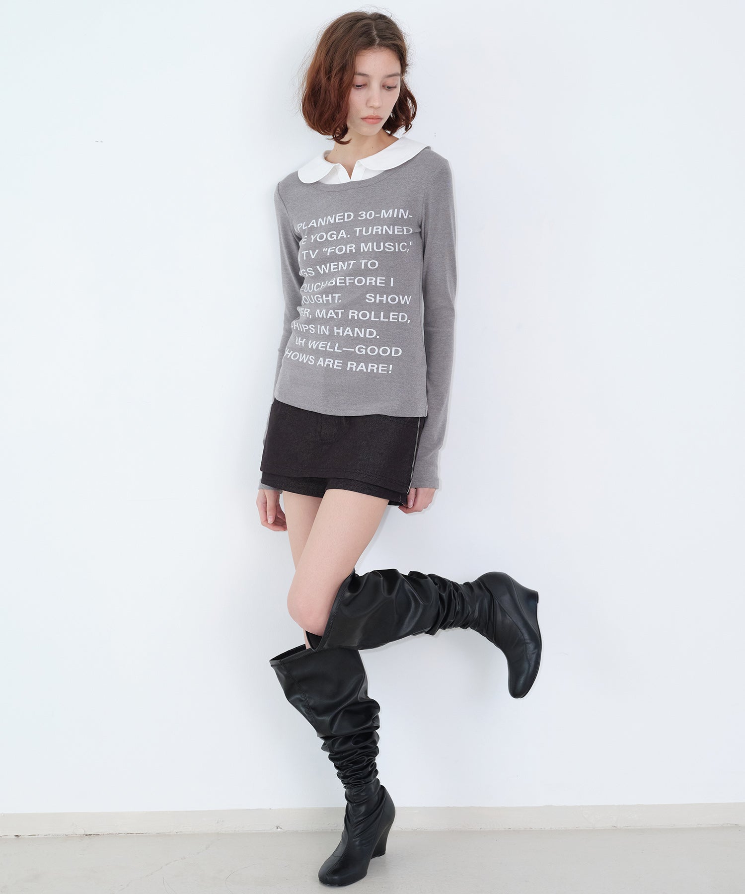 Layered-Look Shirt Collar Slogan Print Slim-Fit Base T-Shirt