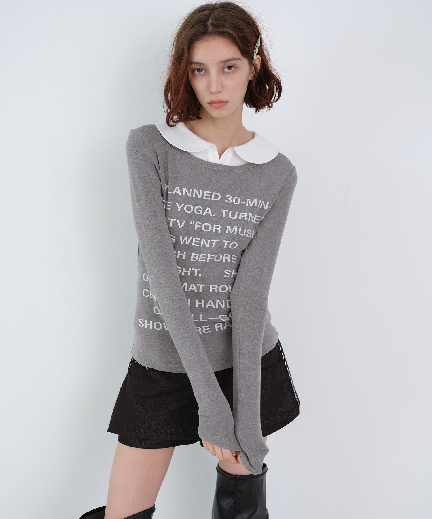 Layered-Look Shirt Collar Slogan Print Slim-Fit Base T-Shirt