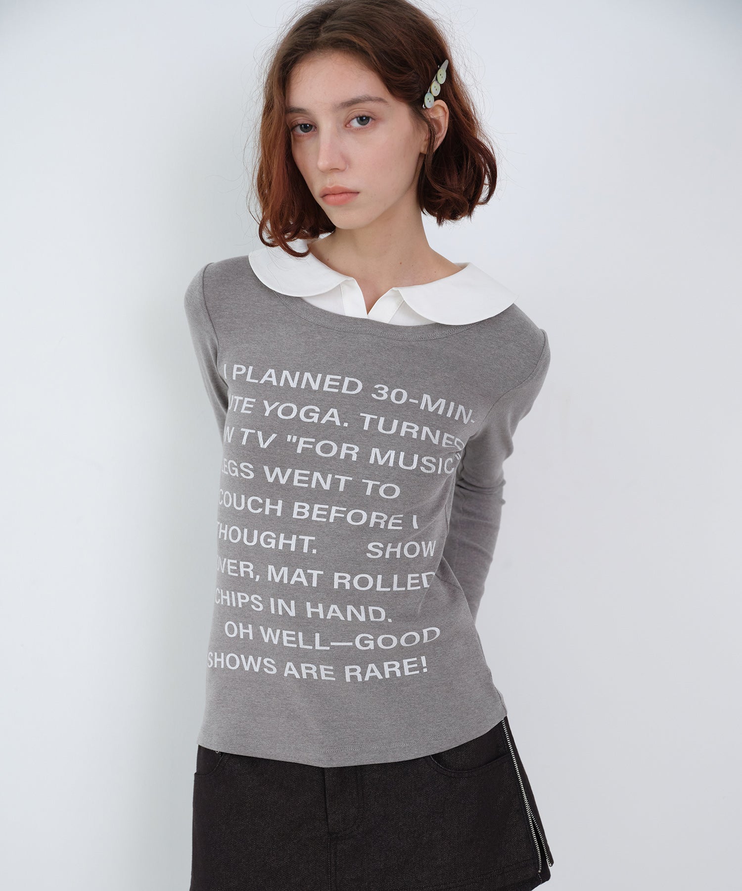 Layered-Look Shirt Collar Slogan Print Slim-Fit Base T-Shirt