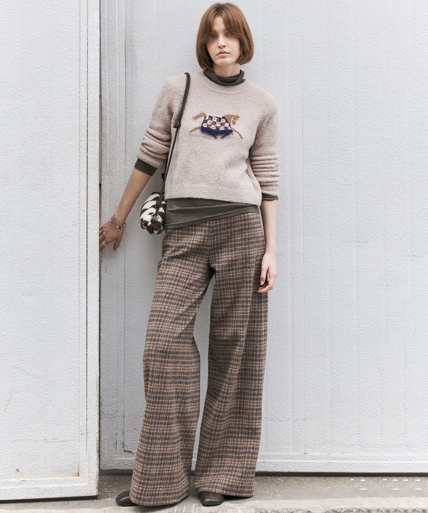 Wool Blend Yarn-Dyed Vintage Check Brushed Wide-Leg Pants
