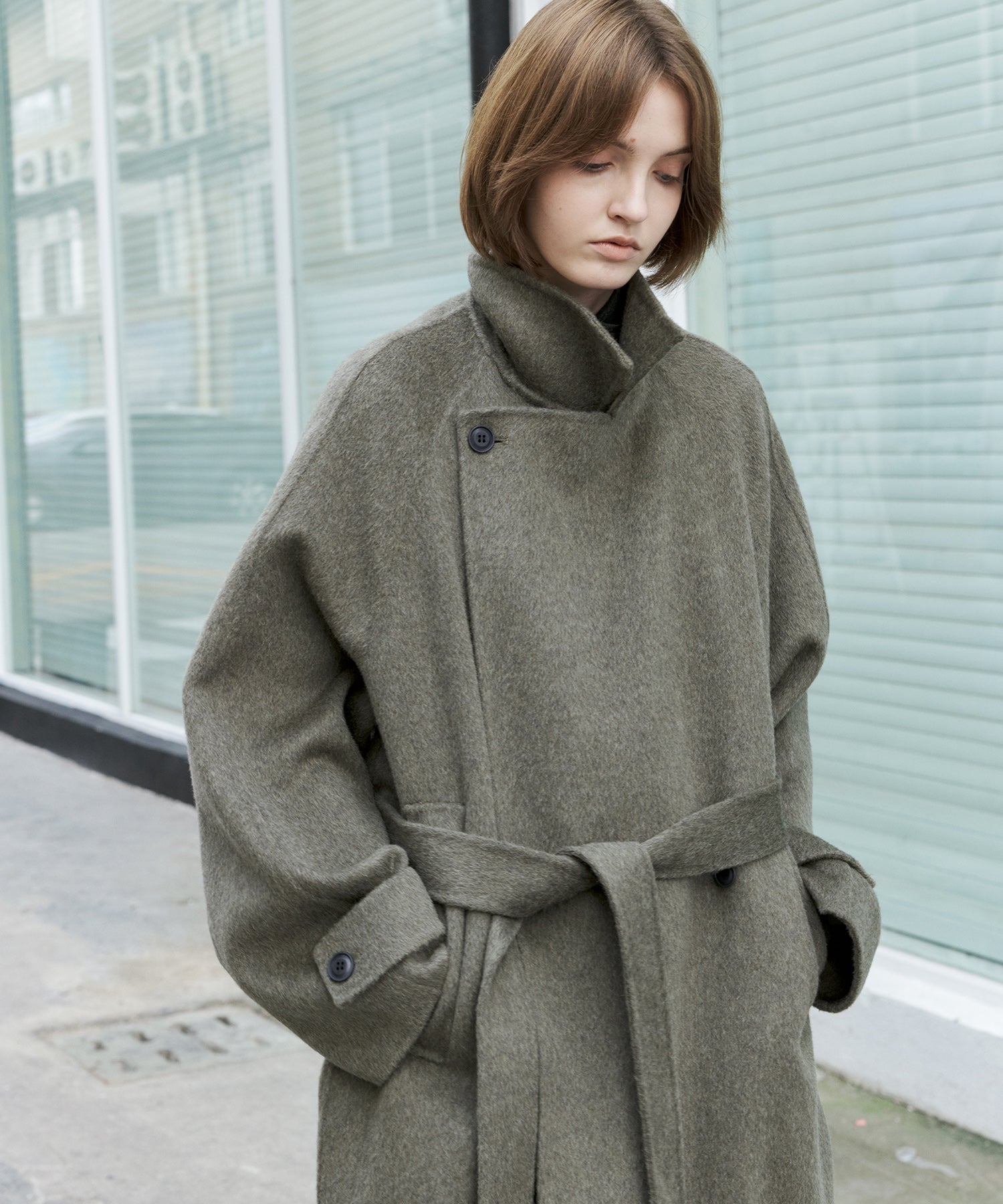 100% Wool Double-Face Trench Collar Oversized Silhouette Long Coat