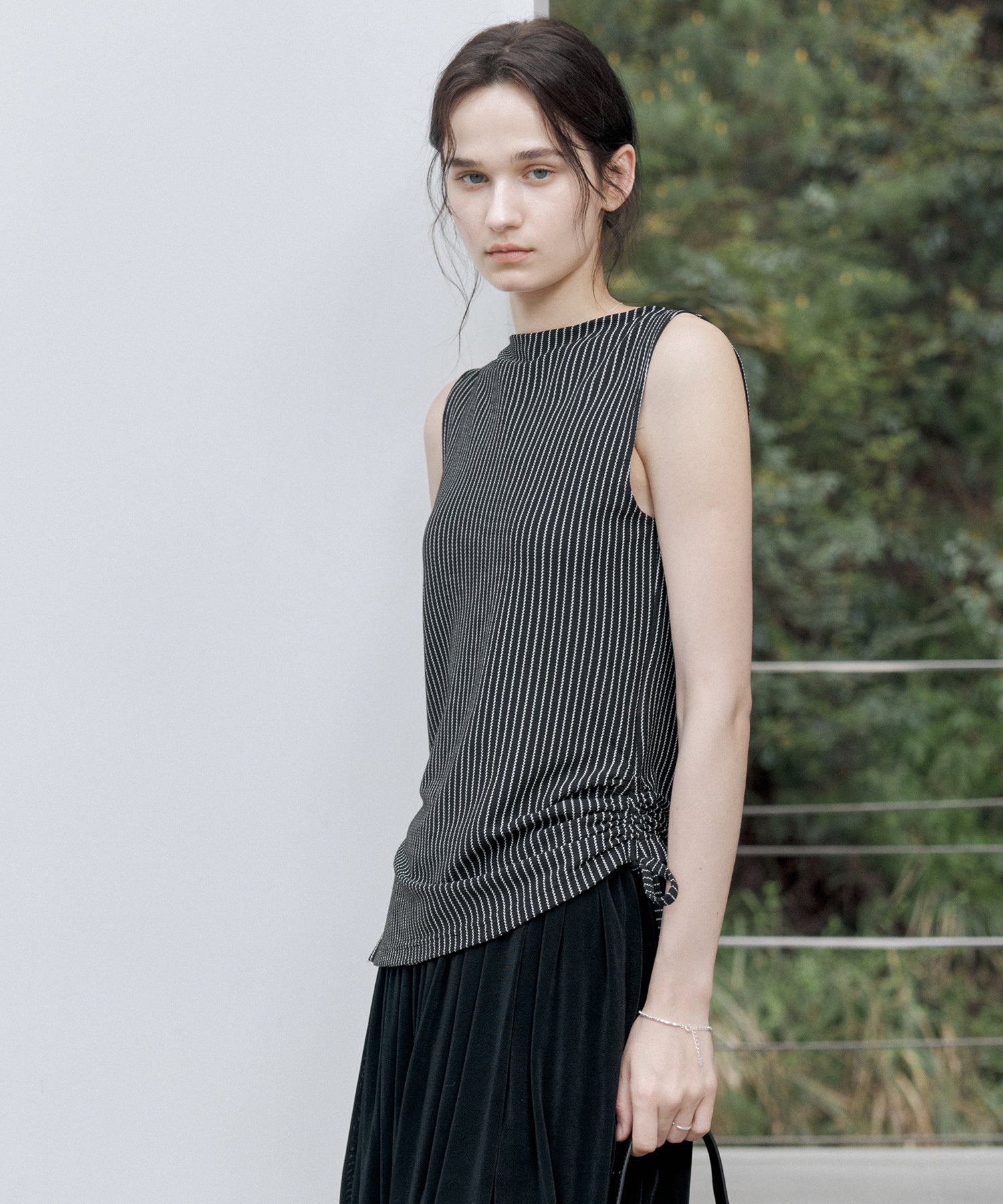 Striped Sleeveless Top with Adjustable Hem &amp; Boat Neck