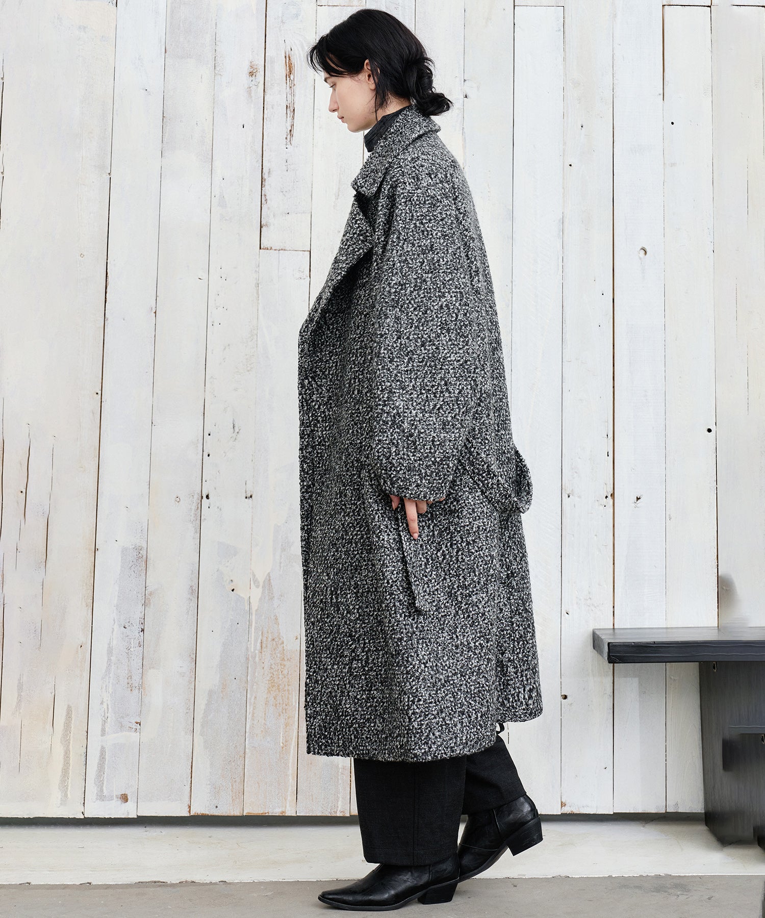 Mixed-Color Bouclé Wool Lapel Long Coat