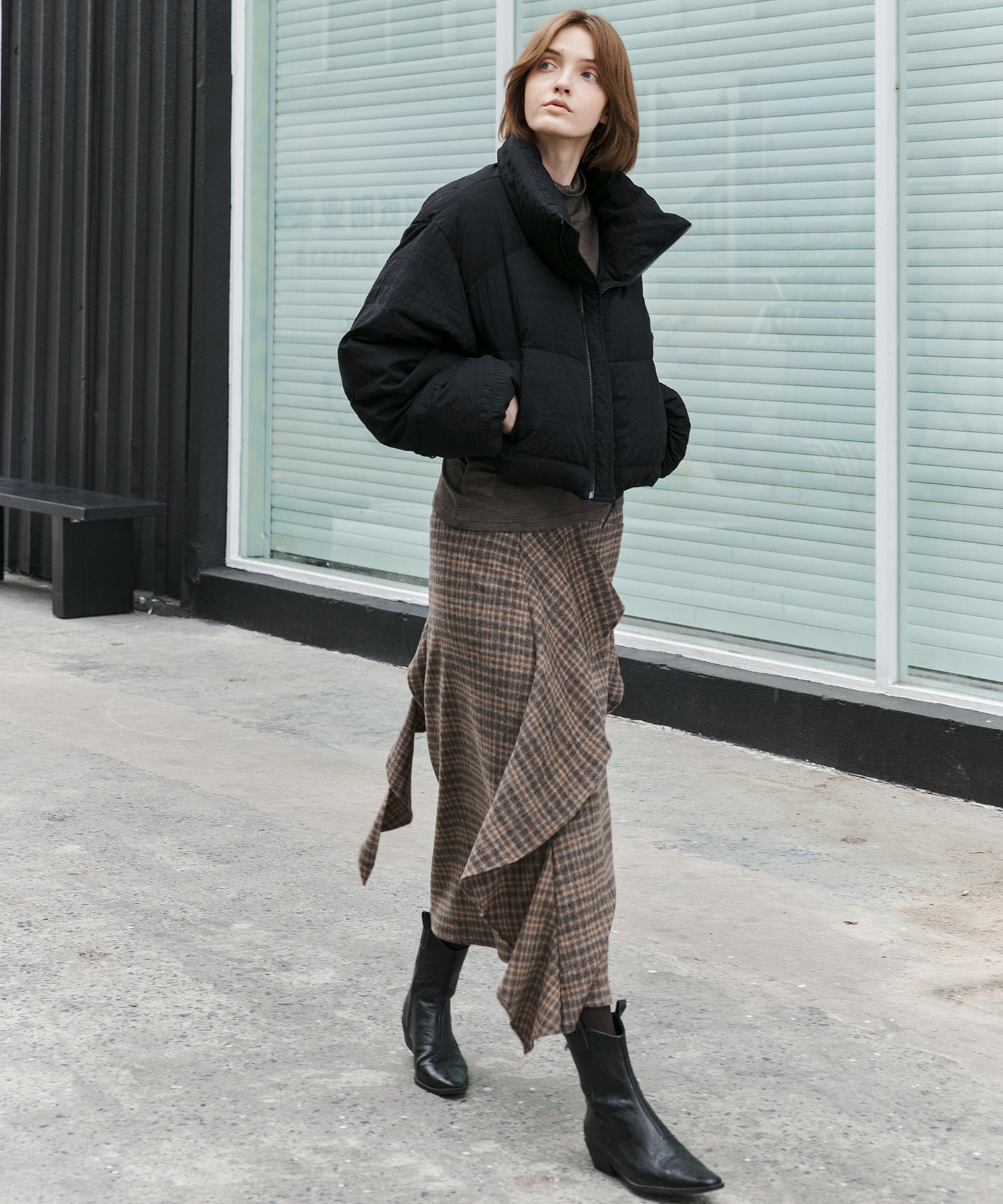 Wool Blend Irregular Flake Detail Yarn-Dyed Vintage Check Brushed A-Line Midi Skirt