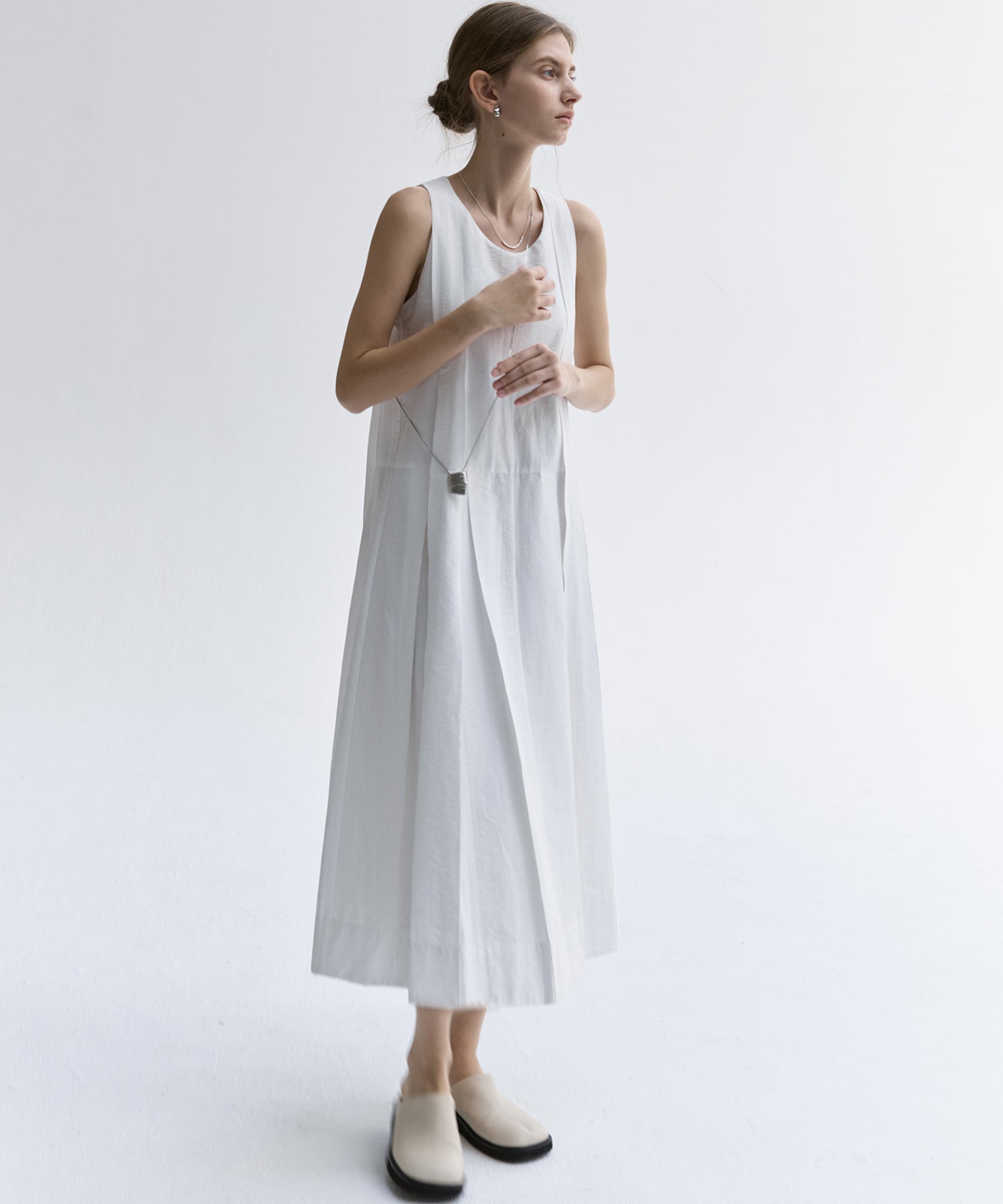 Volume Tuck White Dress